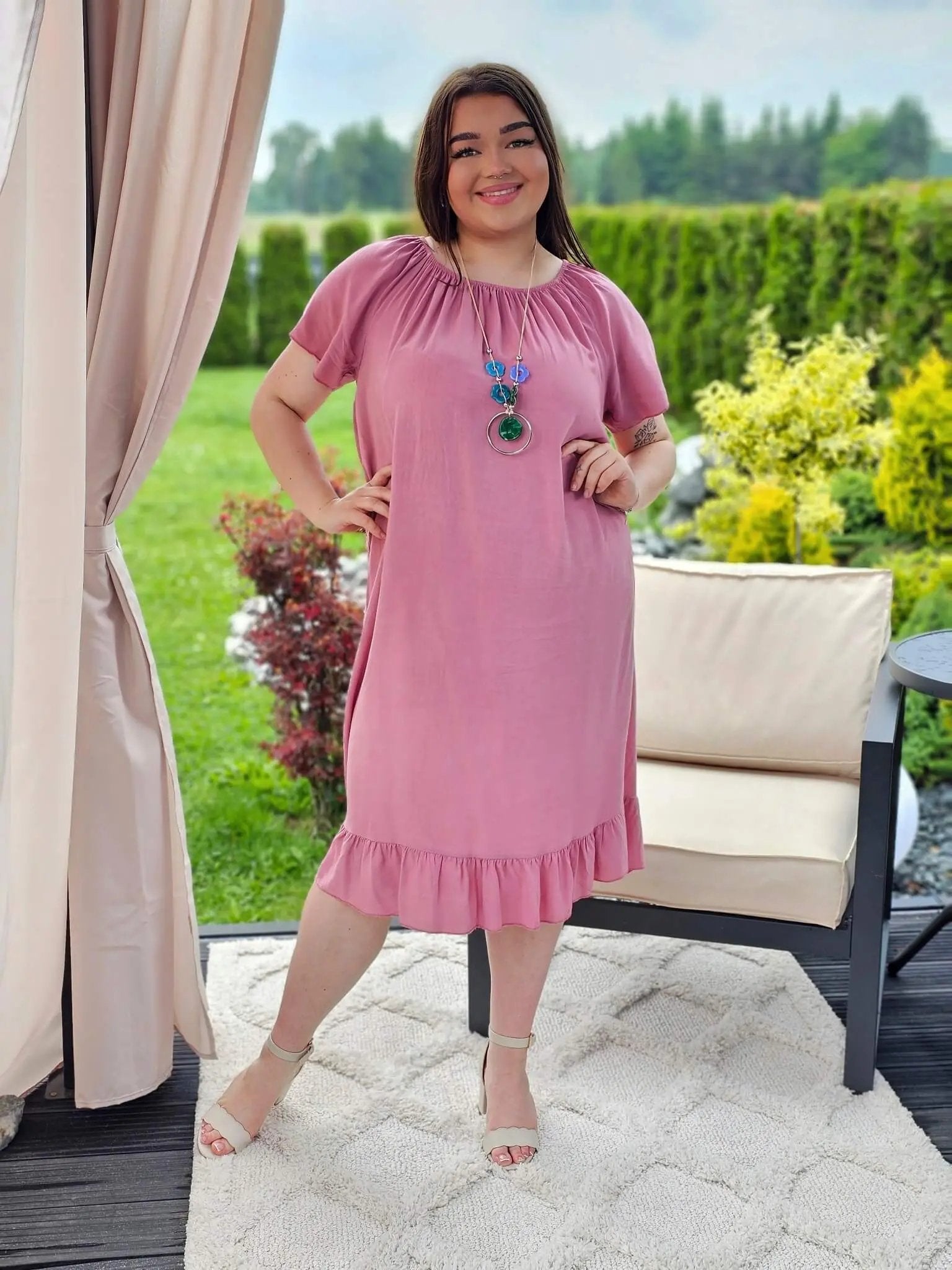 Sukienka hiszpanka z falbanką- róż Stylowa XL