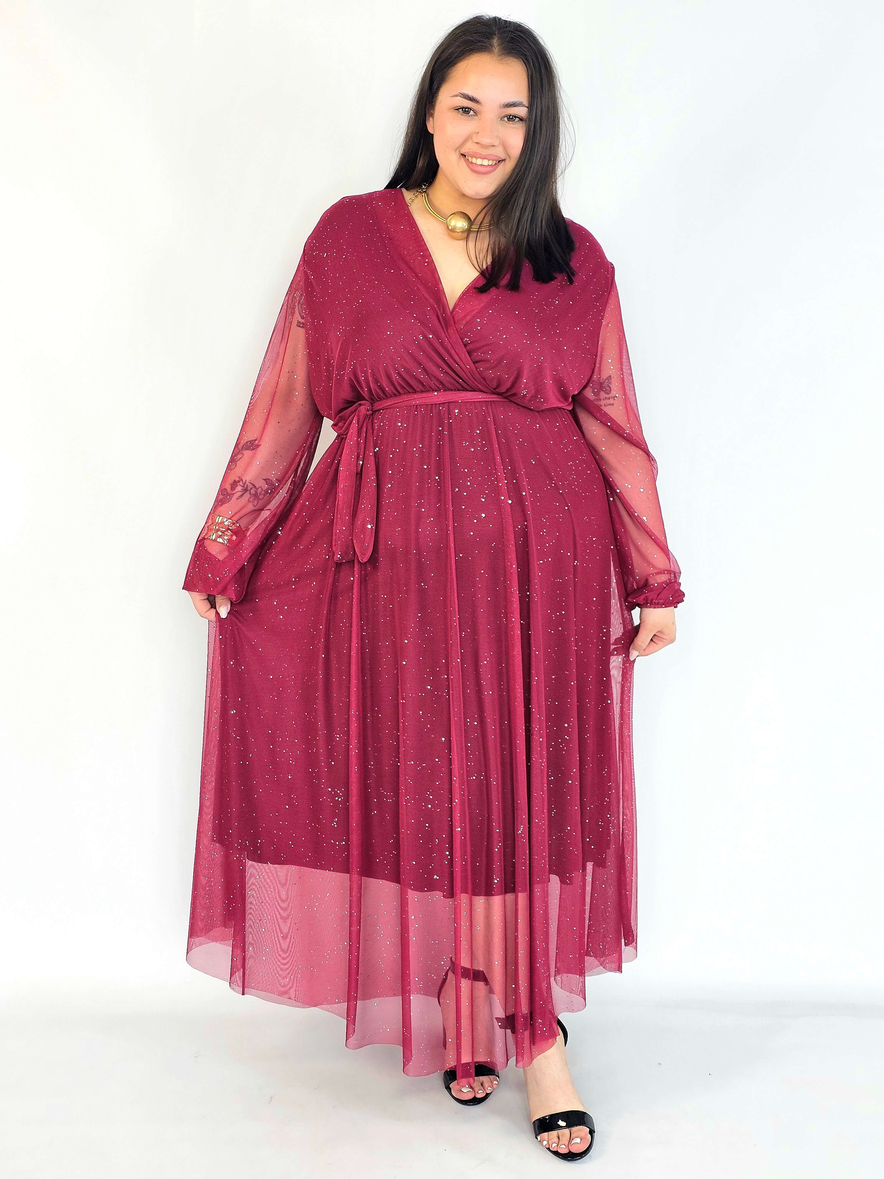 Sukienka plus size – długa sukienka XXL brokatowa z tiulem bordowa Stylowa XL
