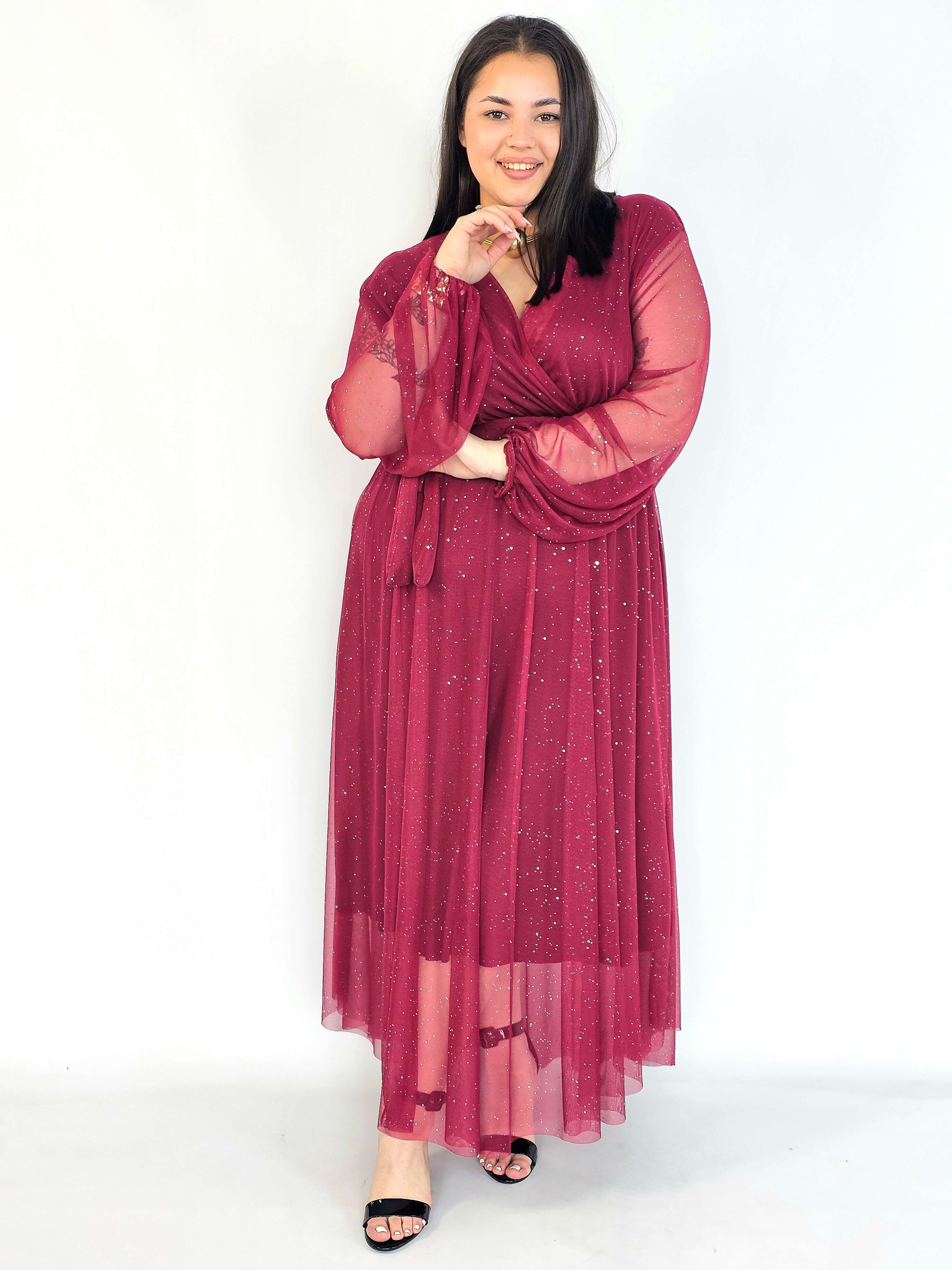Sukienka plus size – długa sukienka XXL brokatowa z tiulem bordowa Stylowa XL