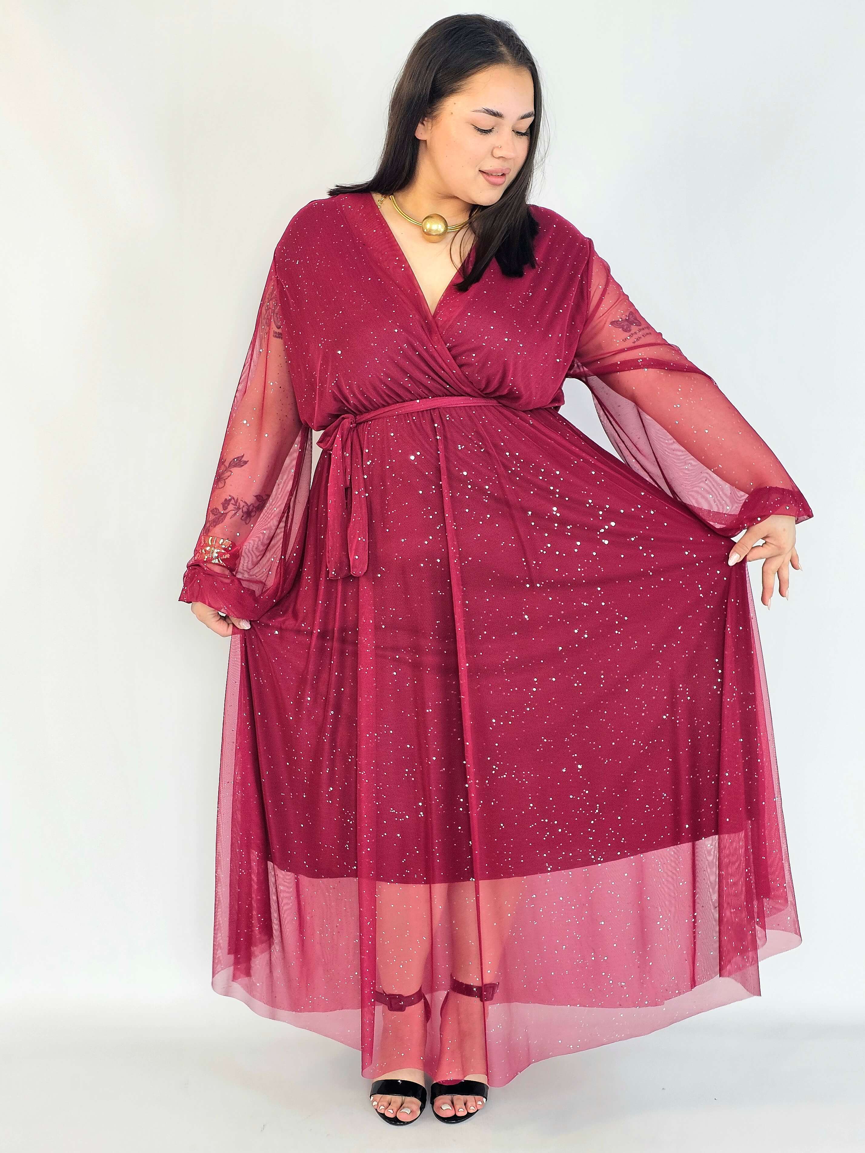 Sukienka plus size – długa sukienka XXL brokatowa z tiulem bordowa Stylowa XL