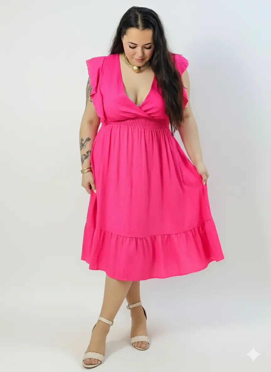 Sukienka plus size – sukienka midi z kopertowym dekoltem, marszczoną talią i falbaną Stylowa XL