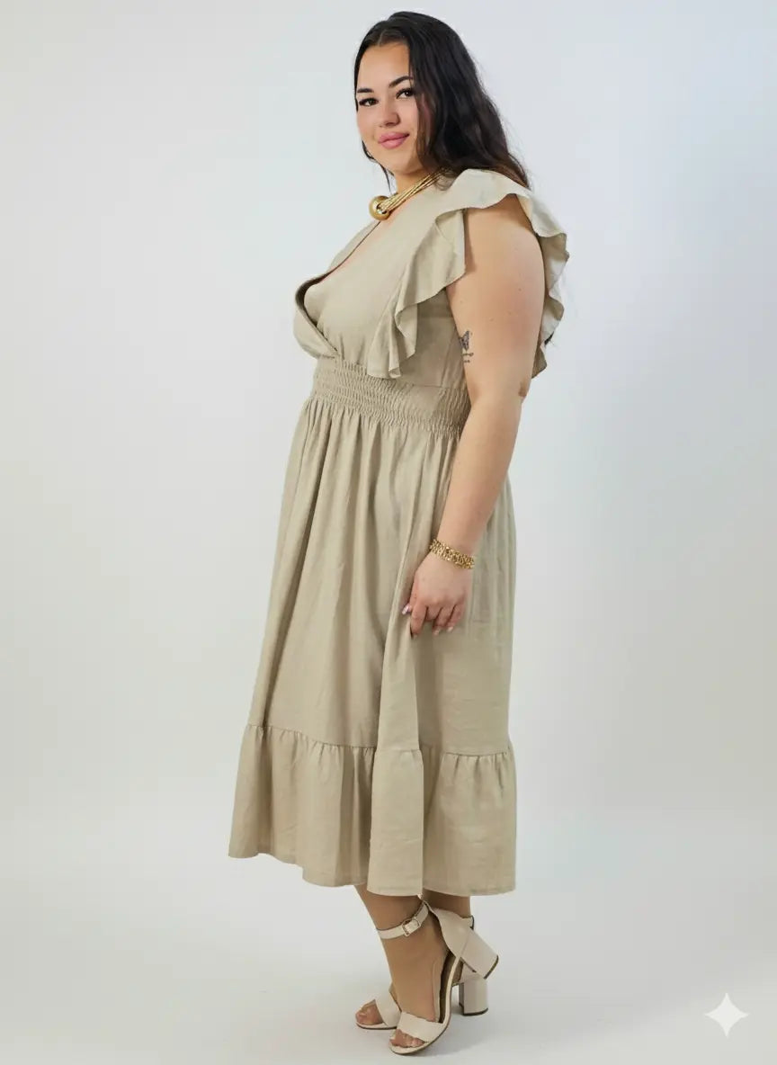 Sukienka plus size – sukienka midi z kopertowym dekoltem, marszczoną talią i falbaną Stylowa XL