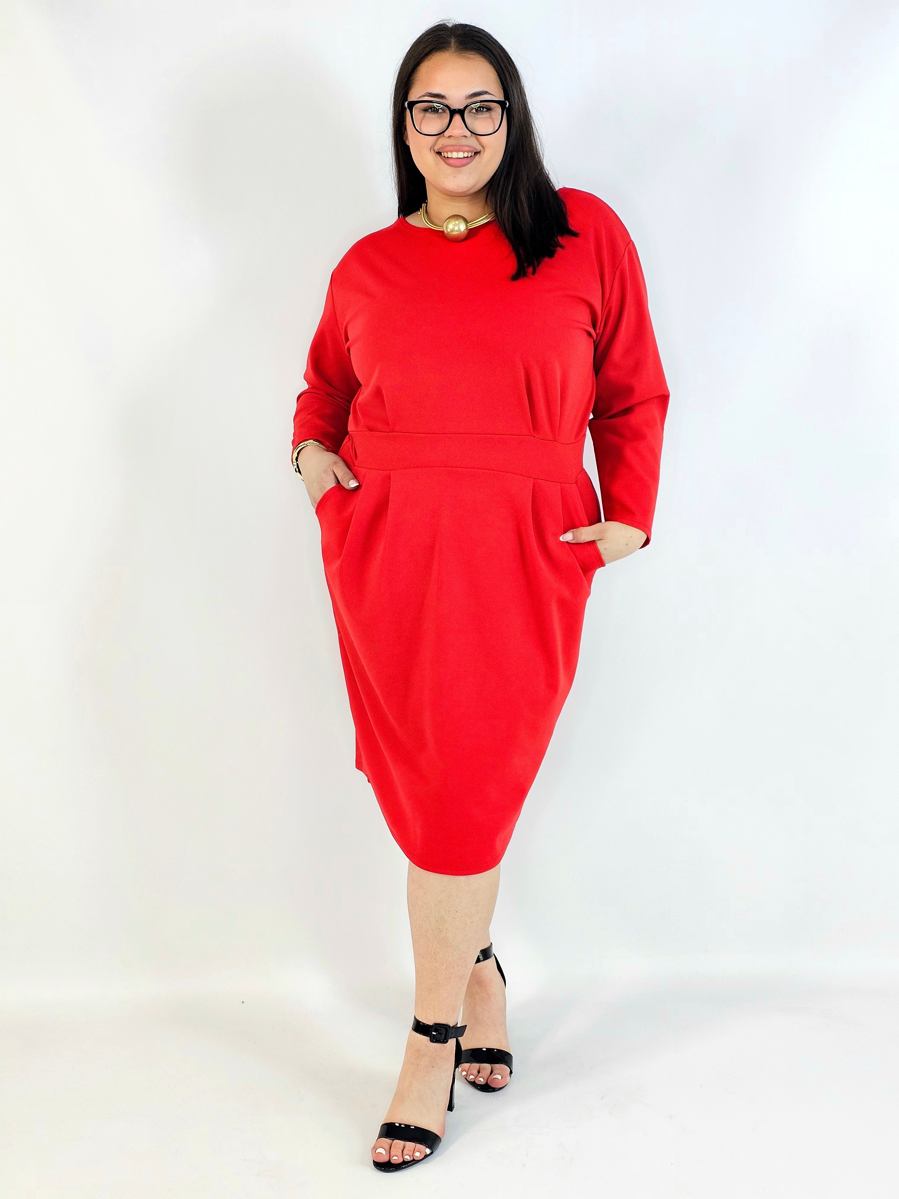 Sukienka plus size czerwona elegancka z długim rękawem Stylowa XL