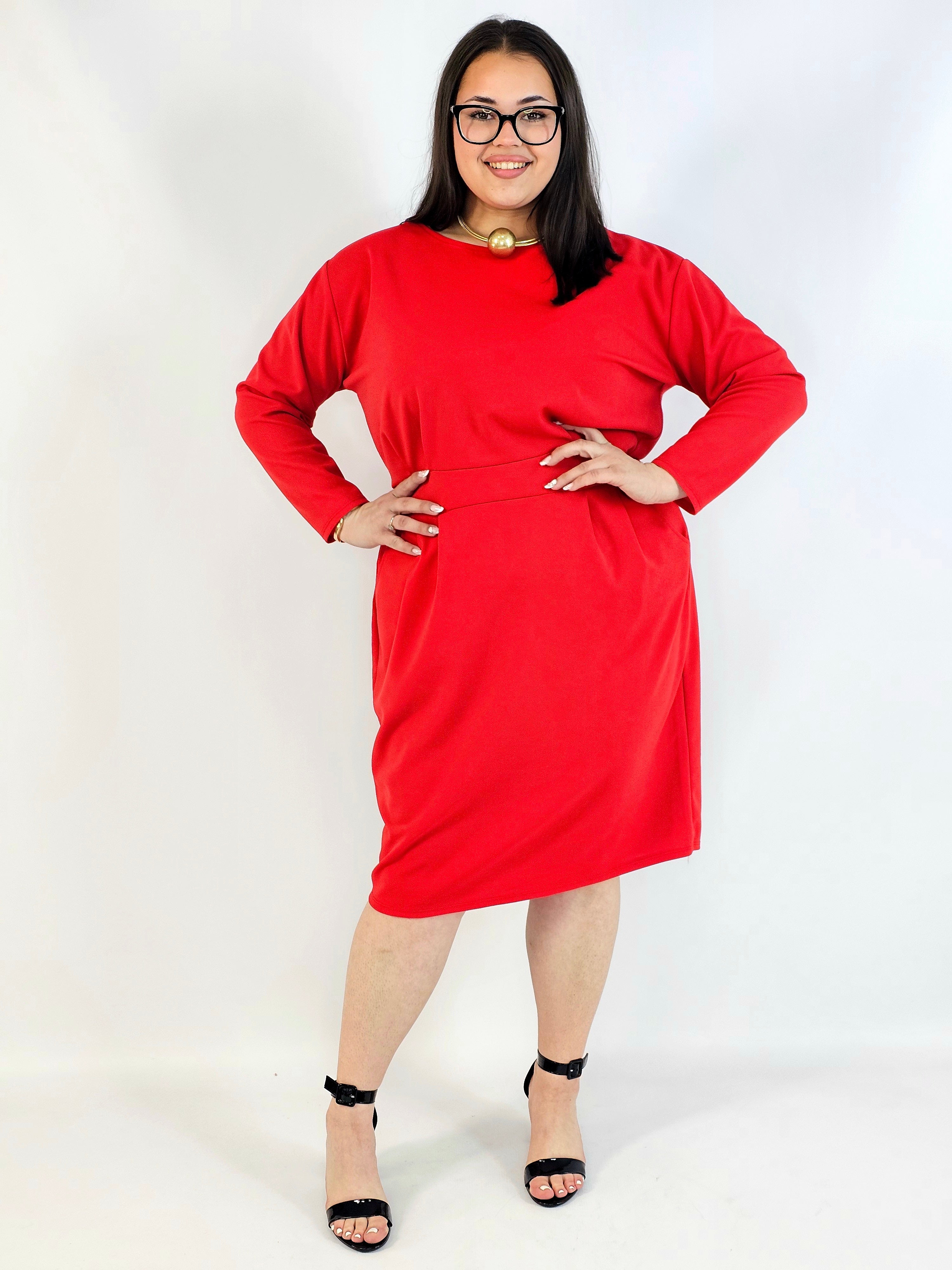 Sukienka plus size czerwona elegancka z długim rękawem Stylowa XL