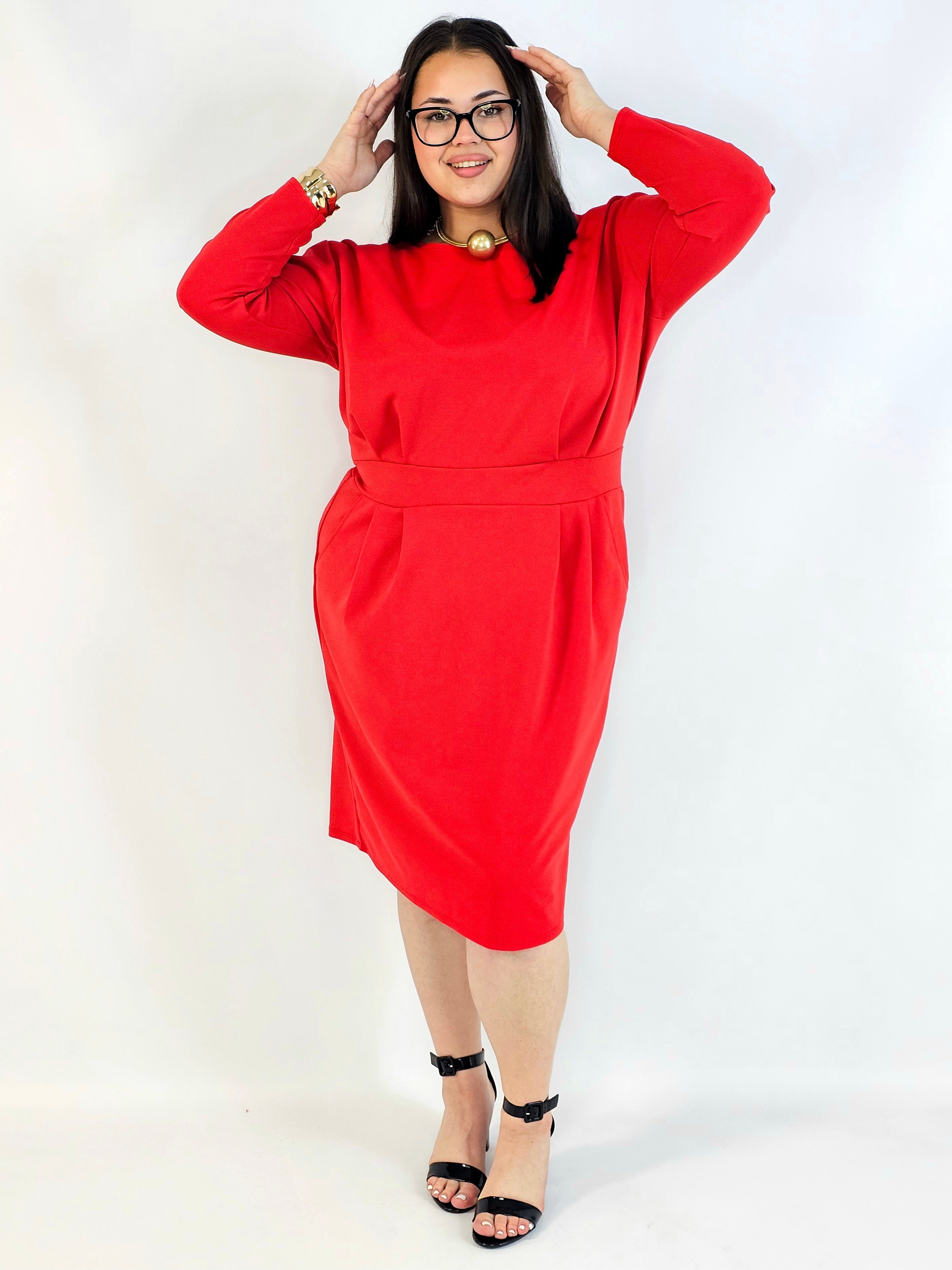 Sukienka plus size czerwona elegancka z długim rękawem Stylowa XL