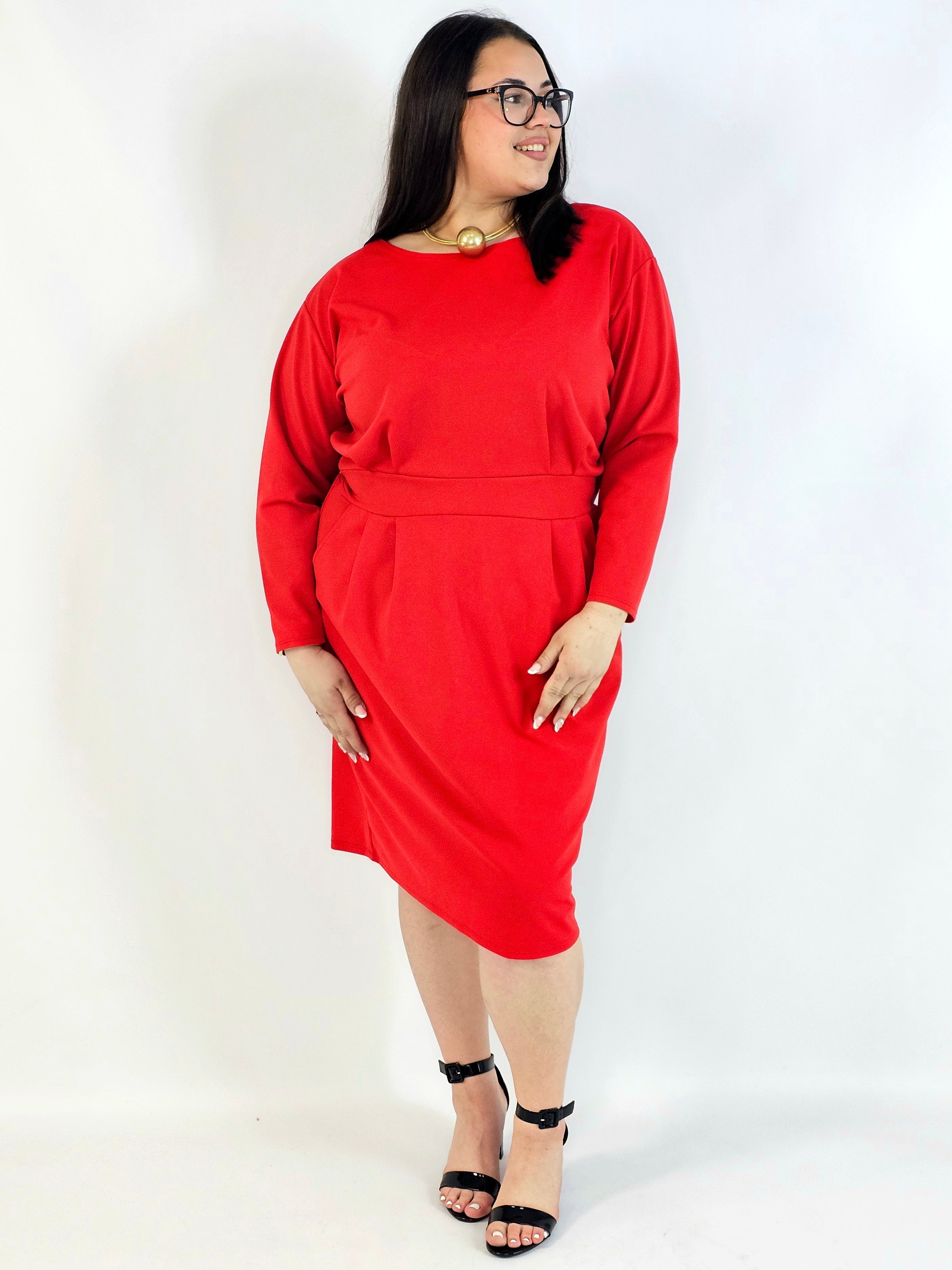 Sukienka plus size czerwona elegancka z długim rękawem Stylowa XL