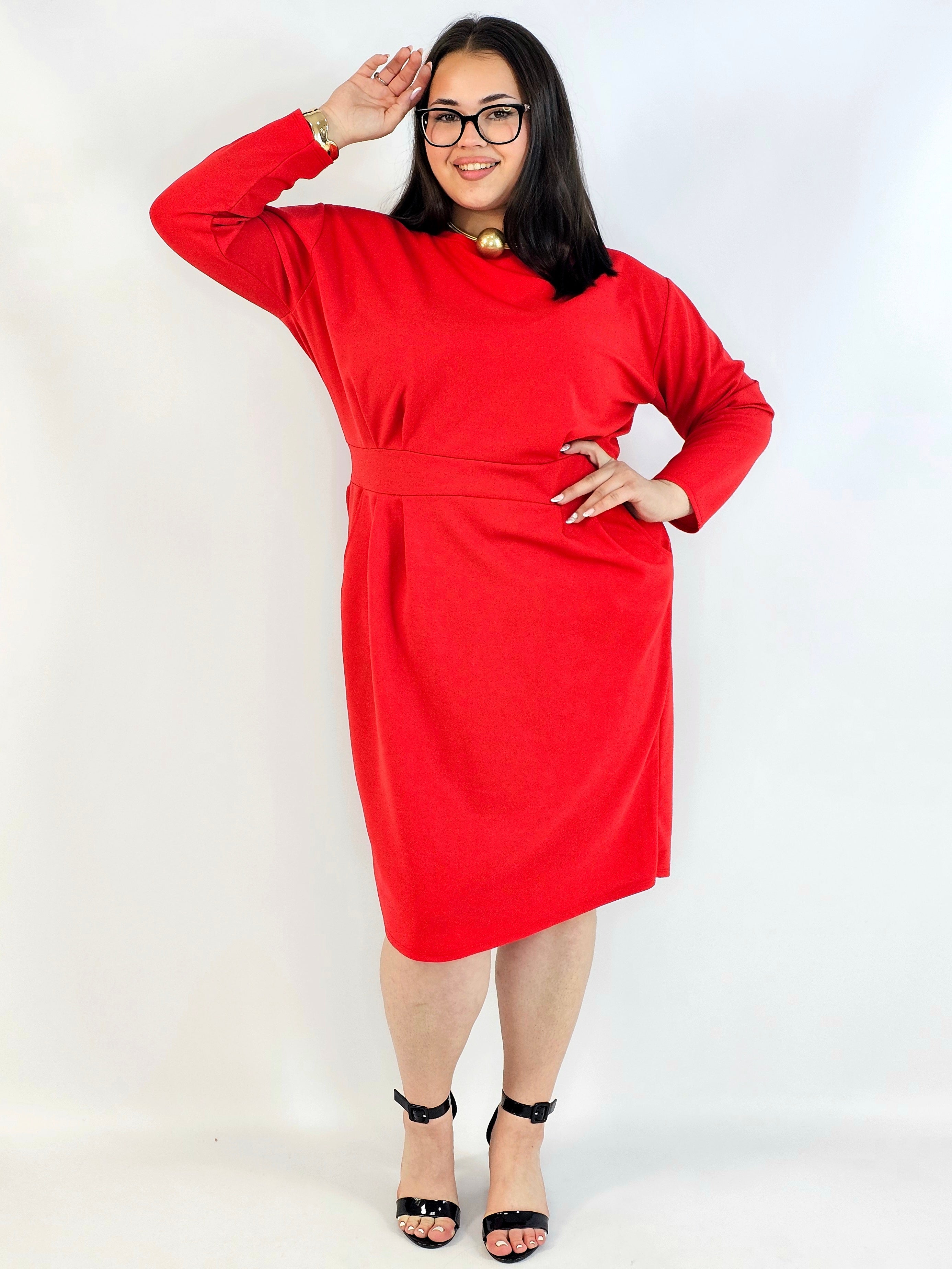 Sukienka plus size czerwona elegancka z długim rękawem Stylowa XL