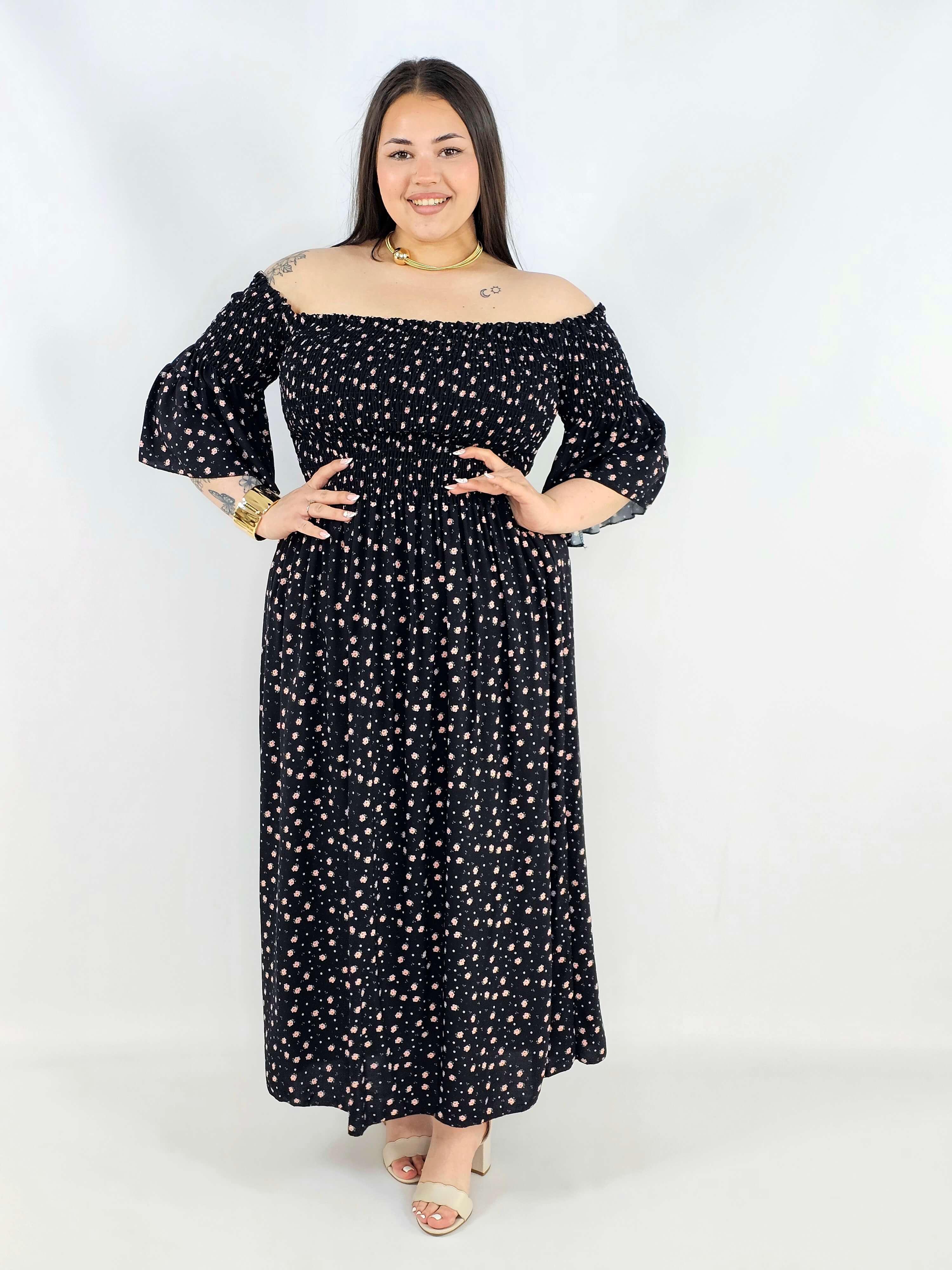 Sukienka plus size hiszpanka czarna w drobne kwiaty XXL – elegancja na komunię i wesele Stylowa XL