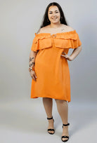 Sukienka plus size hiszpanka pomarańczowa – sukienka XXL z falbaną na ramionach Stylowa XL