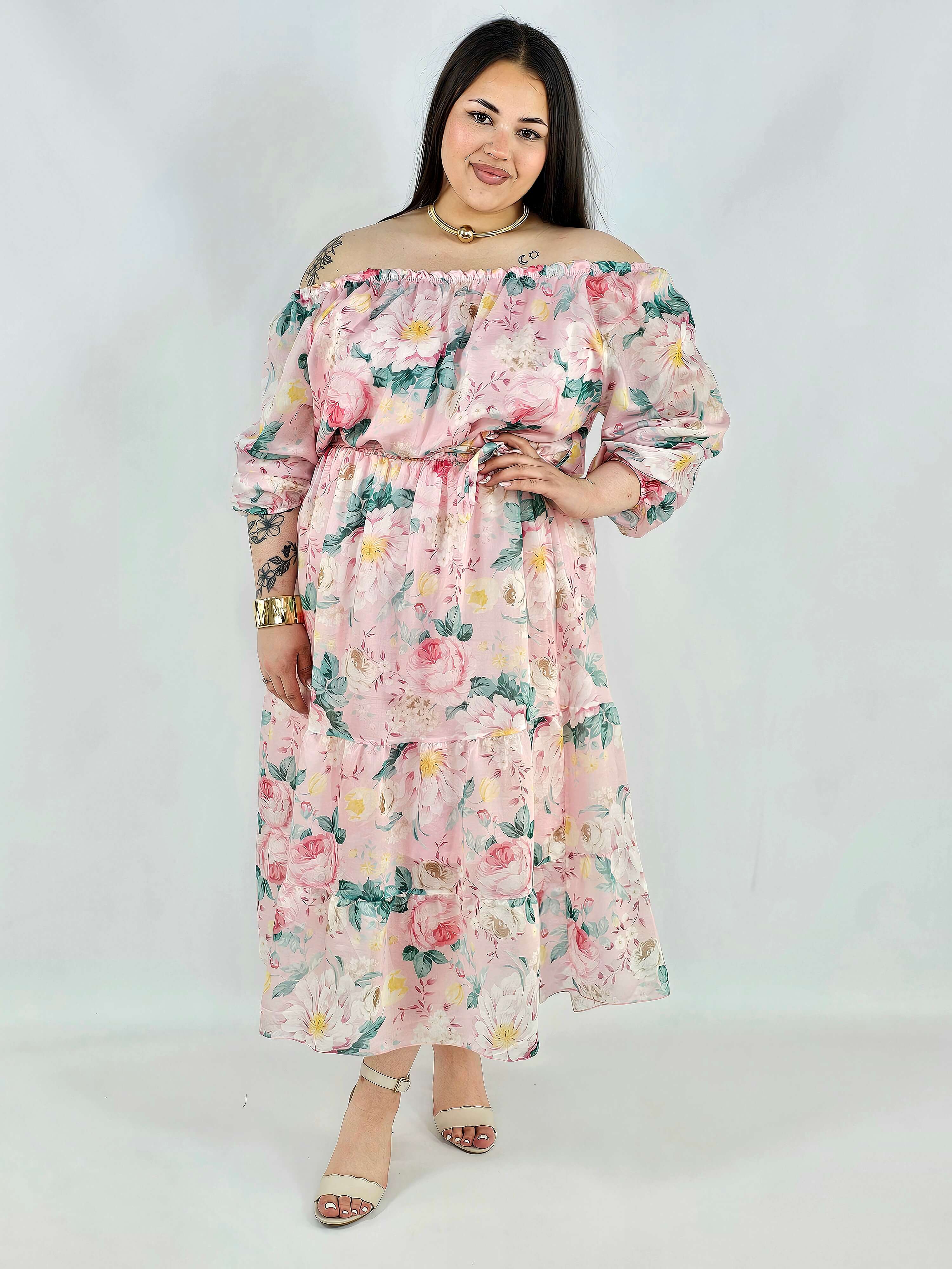 Sukienka plus size hiszpanka w kwiaty XXL – żółta i różowa na komunię i wesele Stylowa XL
