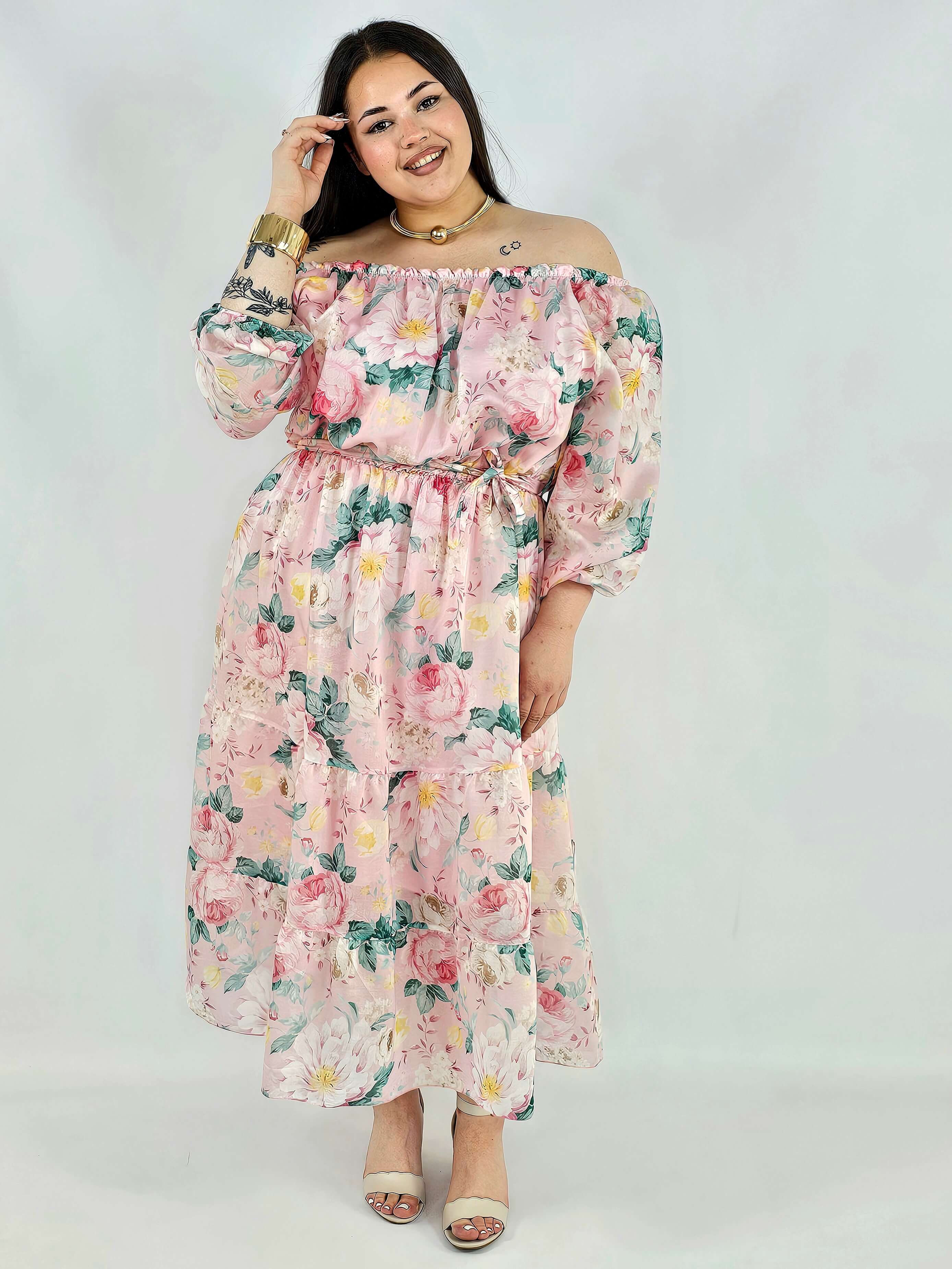 Sukienka plus size hiszpanka w kwiaty XXL – żółta i różowa na komunię i wesele Stylowa XL