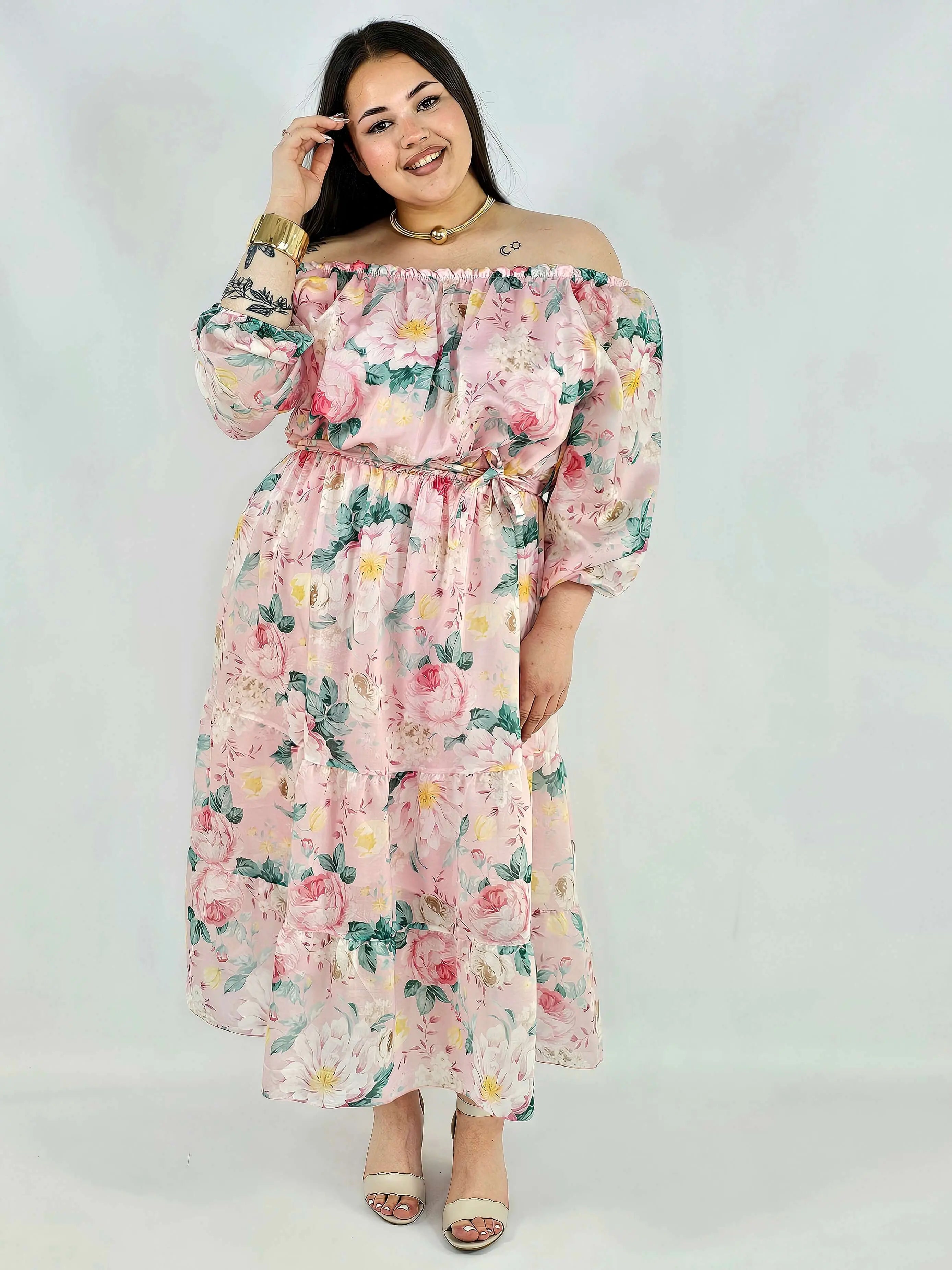 Sukienka plus size hiszpanka w kwiaty XXL – żółta i różowa na komunię i wesele Stylowa XL