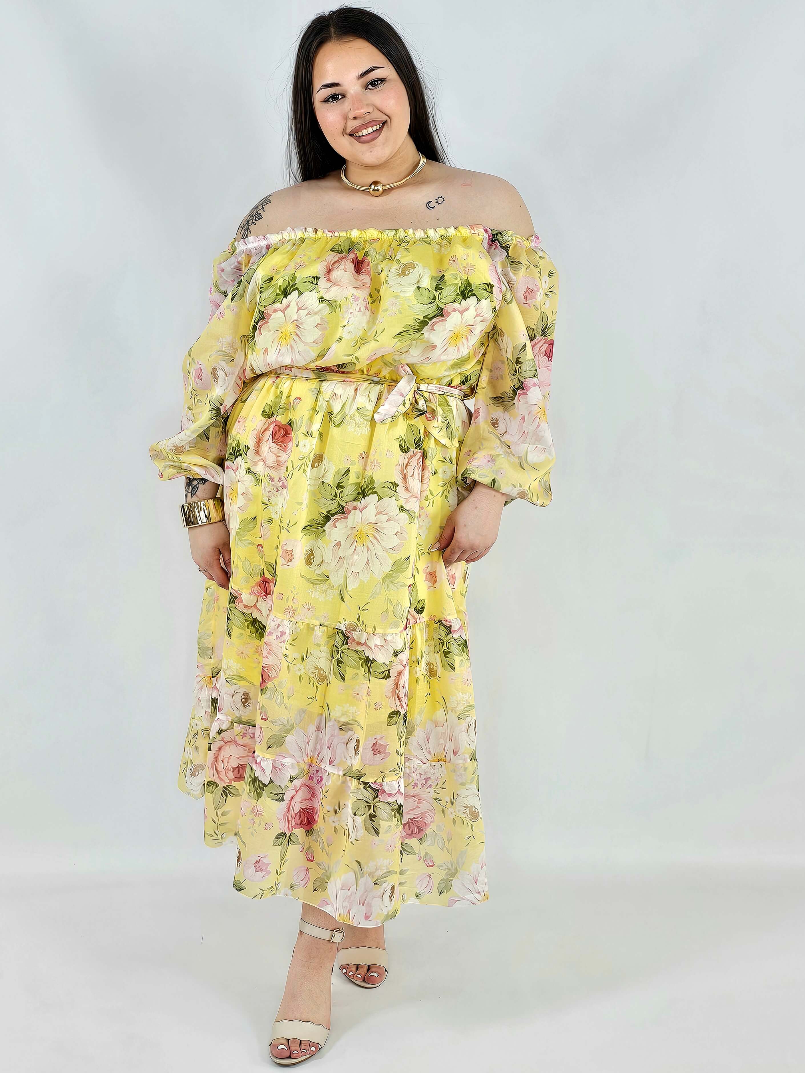 Sukienka plus size hiszpanka w kwiaty XXL – żółta i różowa na komunię i wesele Stylowa XL