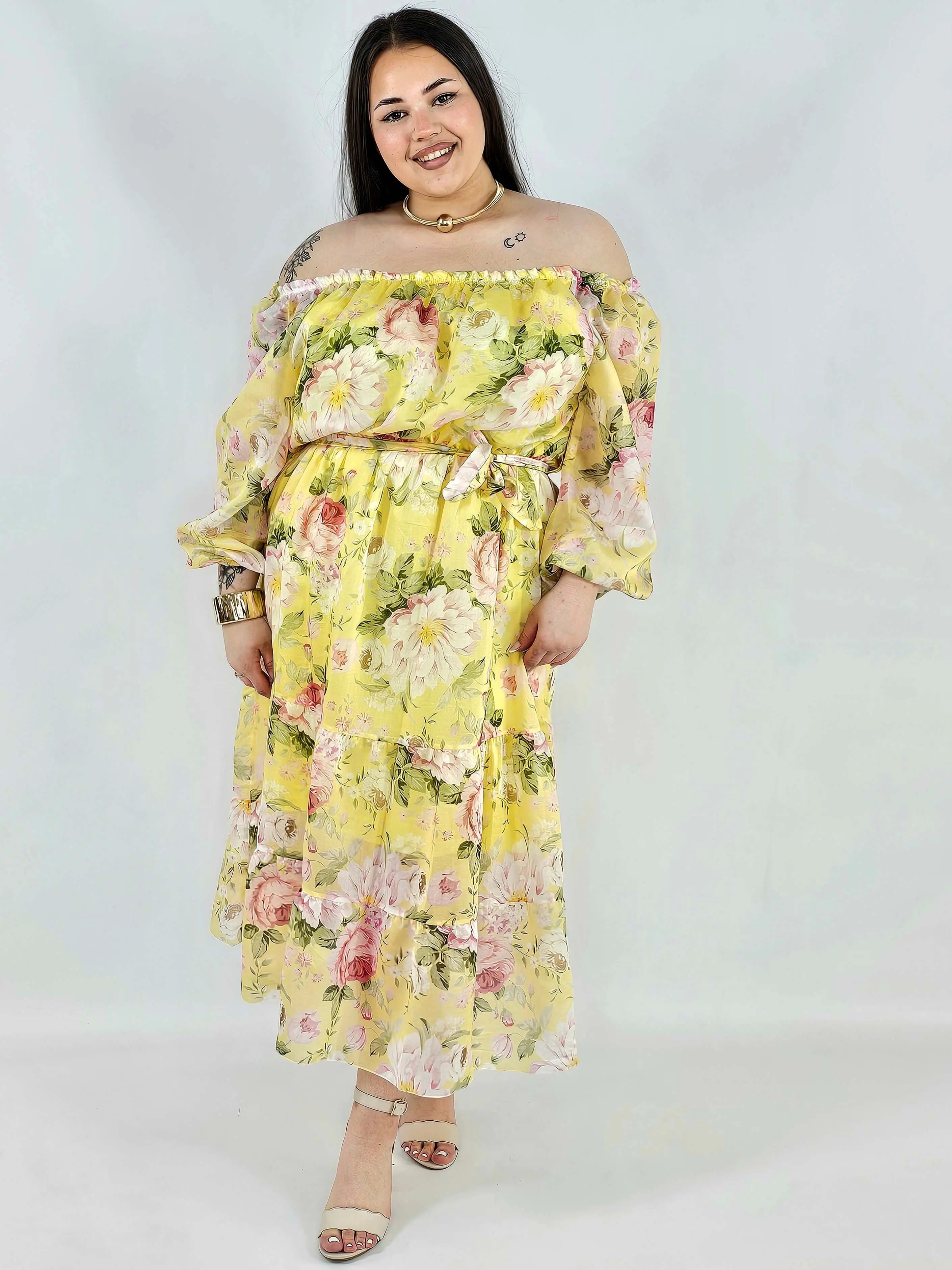 Sukienka plus size hiszpanka w kwiaty XXL – żółta i różowa na komunię i wesele Stylowa XL