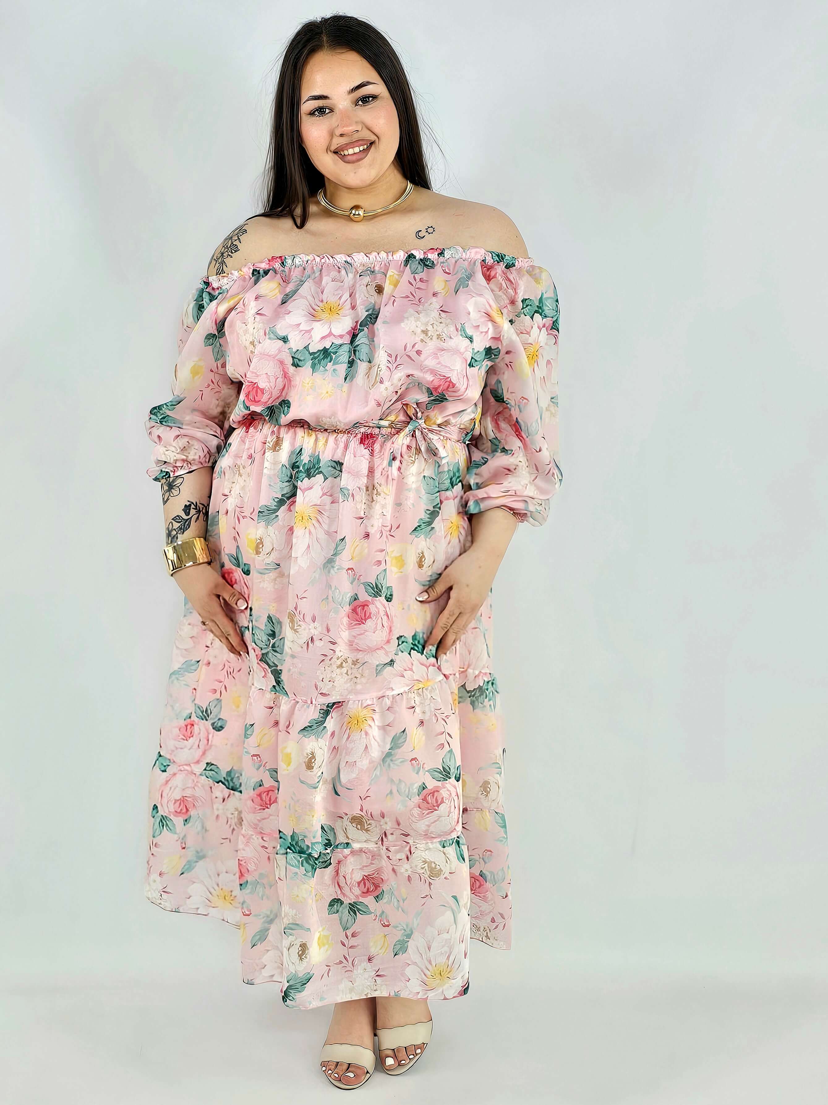 Sukienka plus size hiszpanka w kwiaty XXL – żółta i różowa na komunię i wesele Stylowa XL