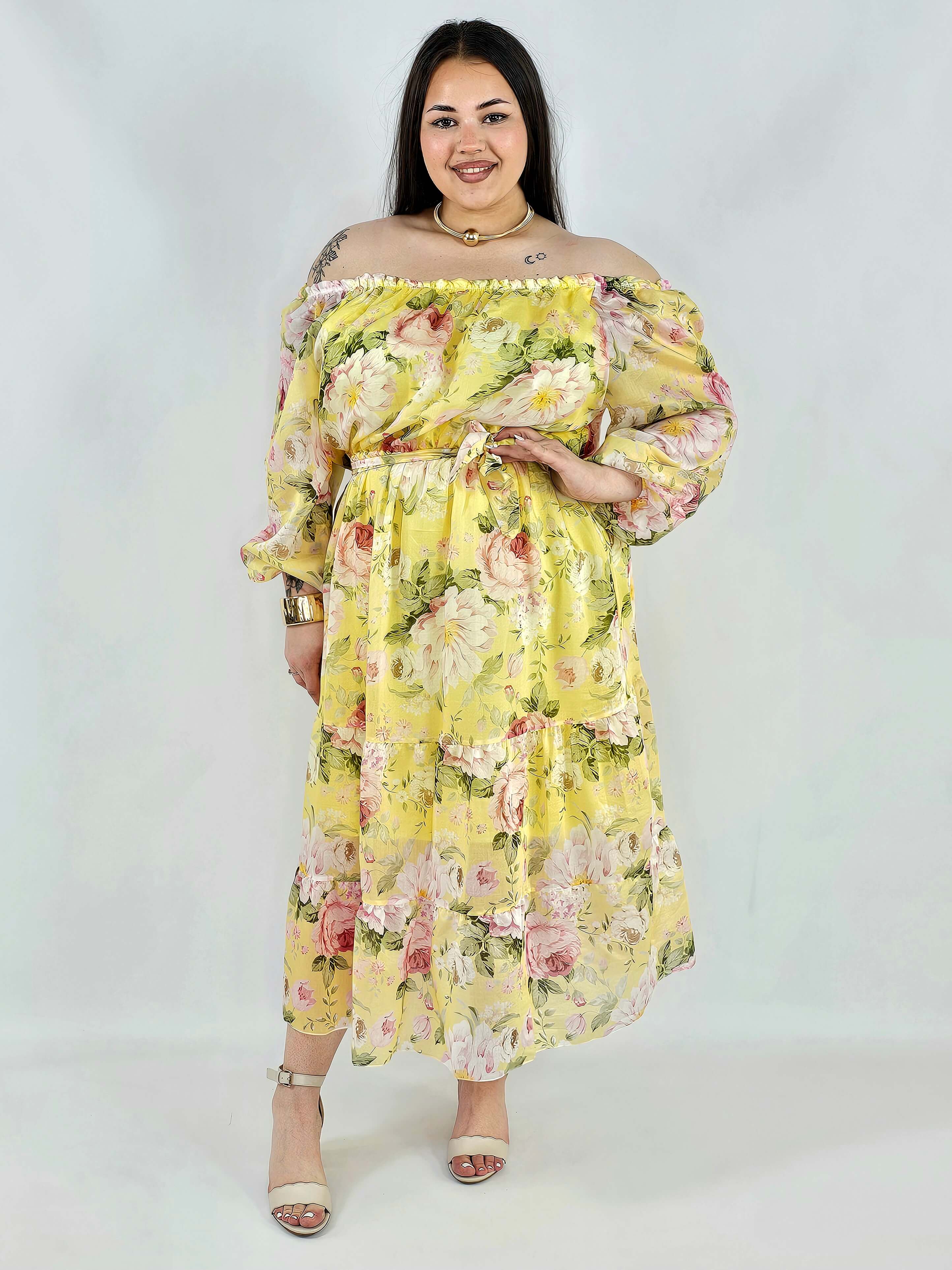 Sukienka plus size hiszpanka w kwiaty XXL – żółta i różowa na komunię i wesele Stylowa XL