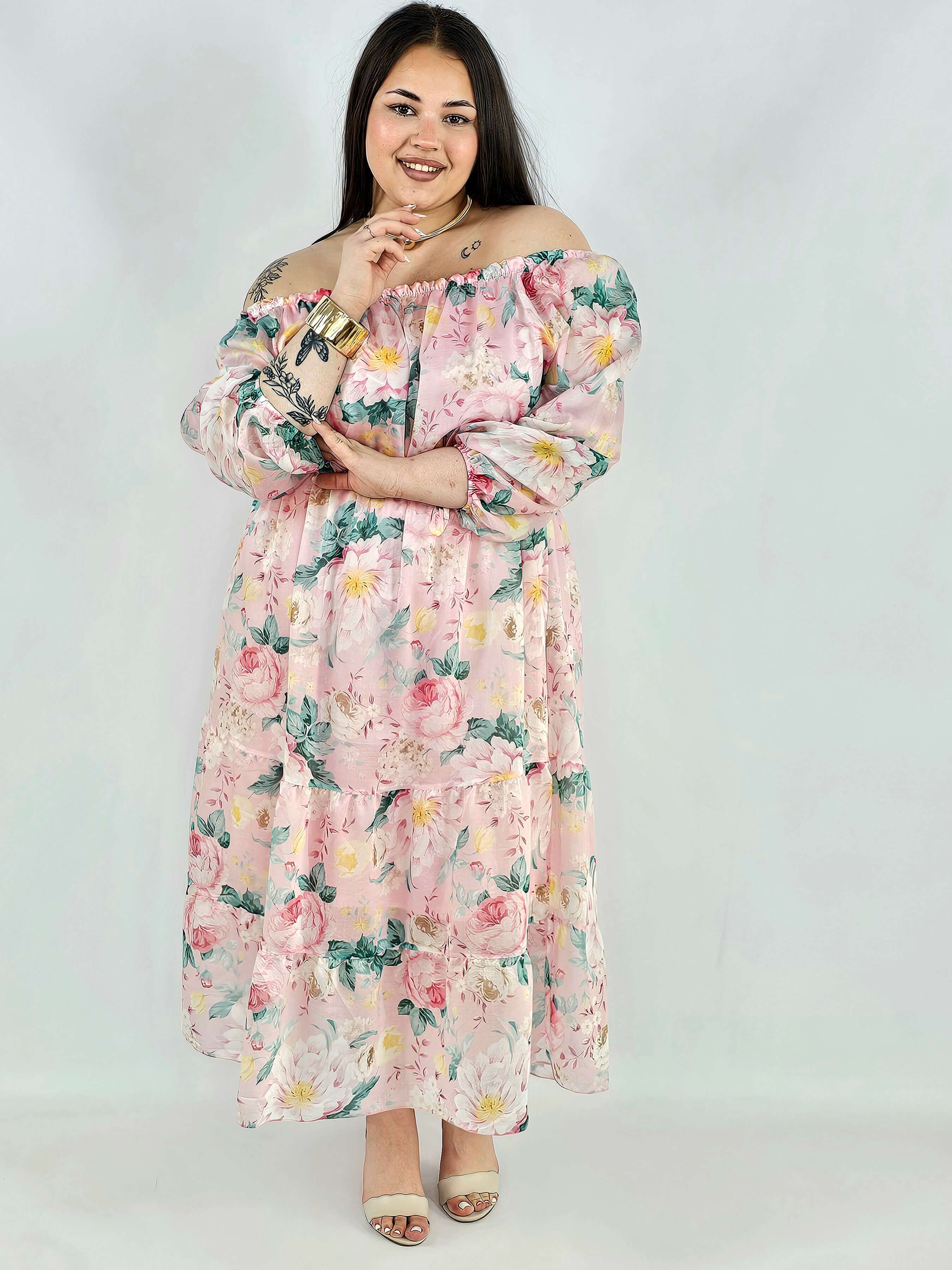Sukienka plus size hiszpanka w kwiaty XXL – żółta i różowa na komunię i wesele Stylowa XL
