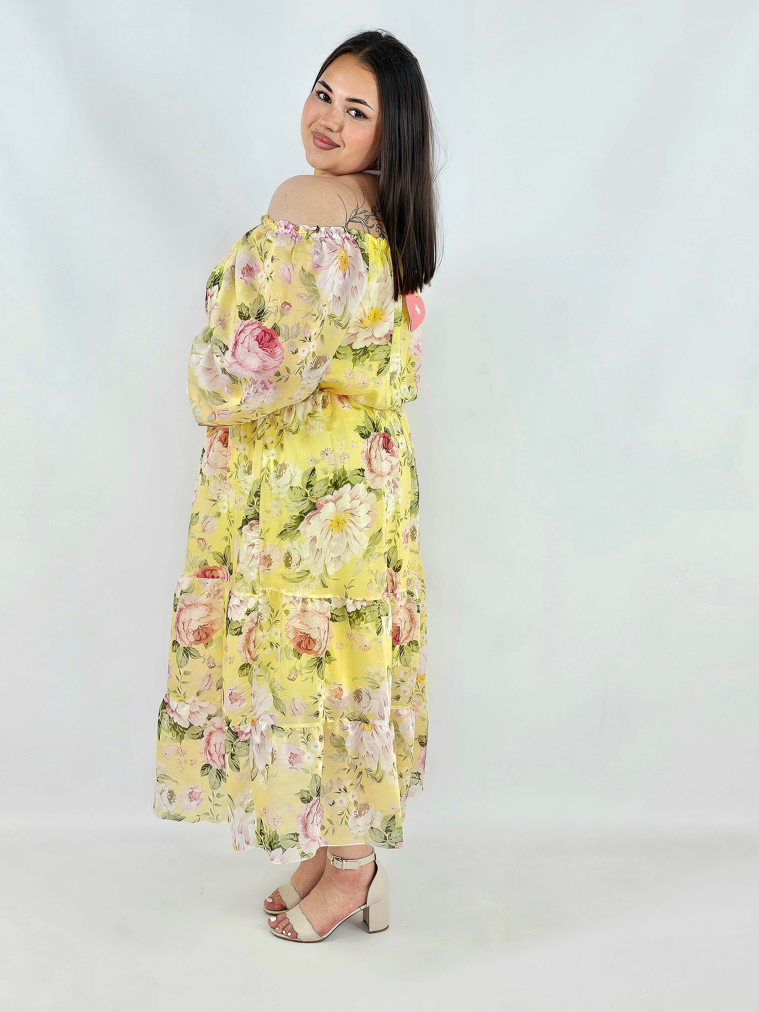 Sukienka plus size hiszpanka w kwiaty XXL – żółta i różowa na komunię i wesele Stylowa XL