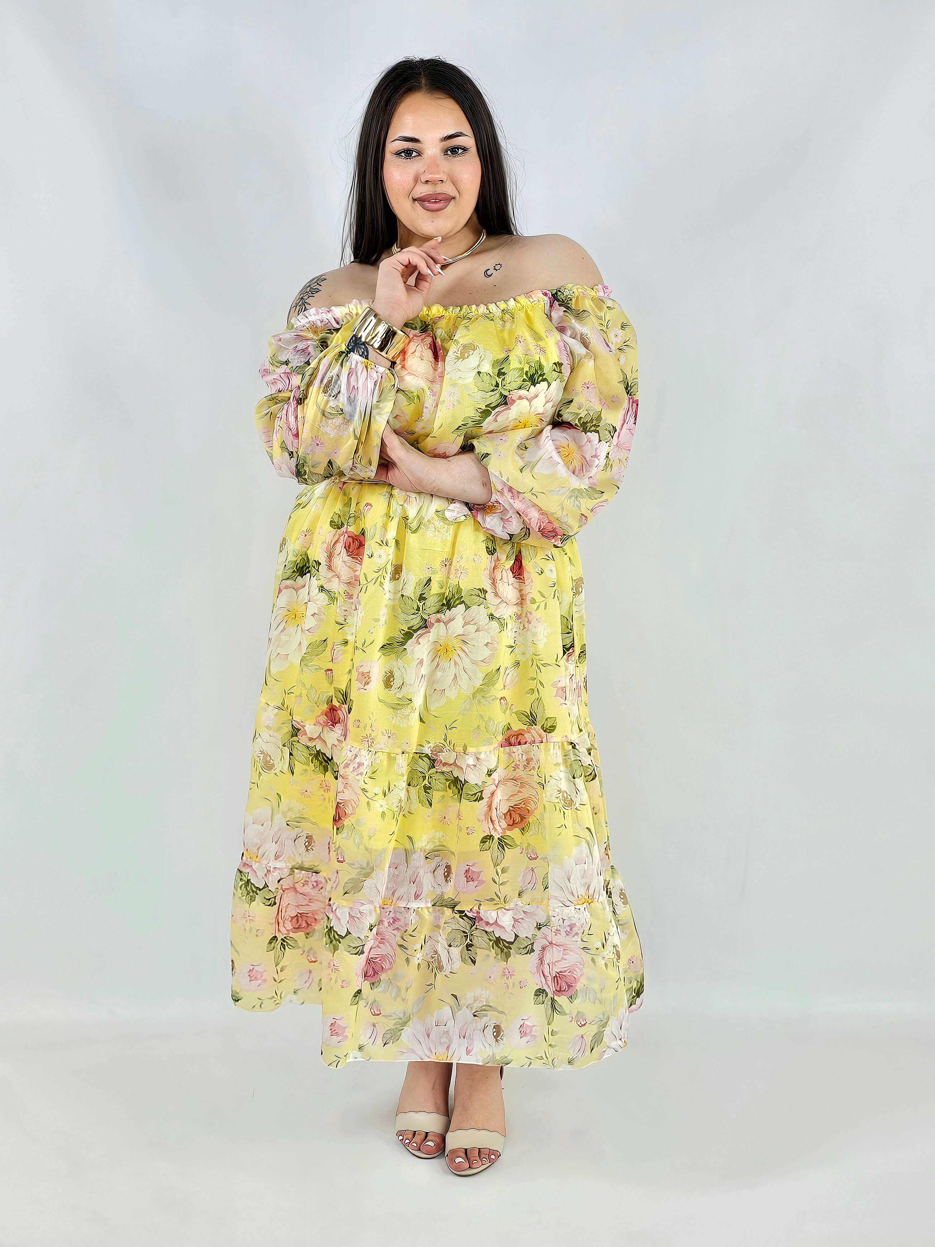 Sukienka plus size hiszpanka w kwiaty XXL – żółta i różowa na komunię i wesele Stylowa XL