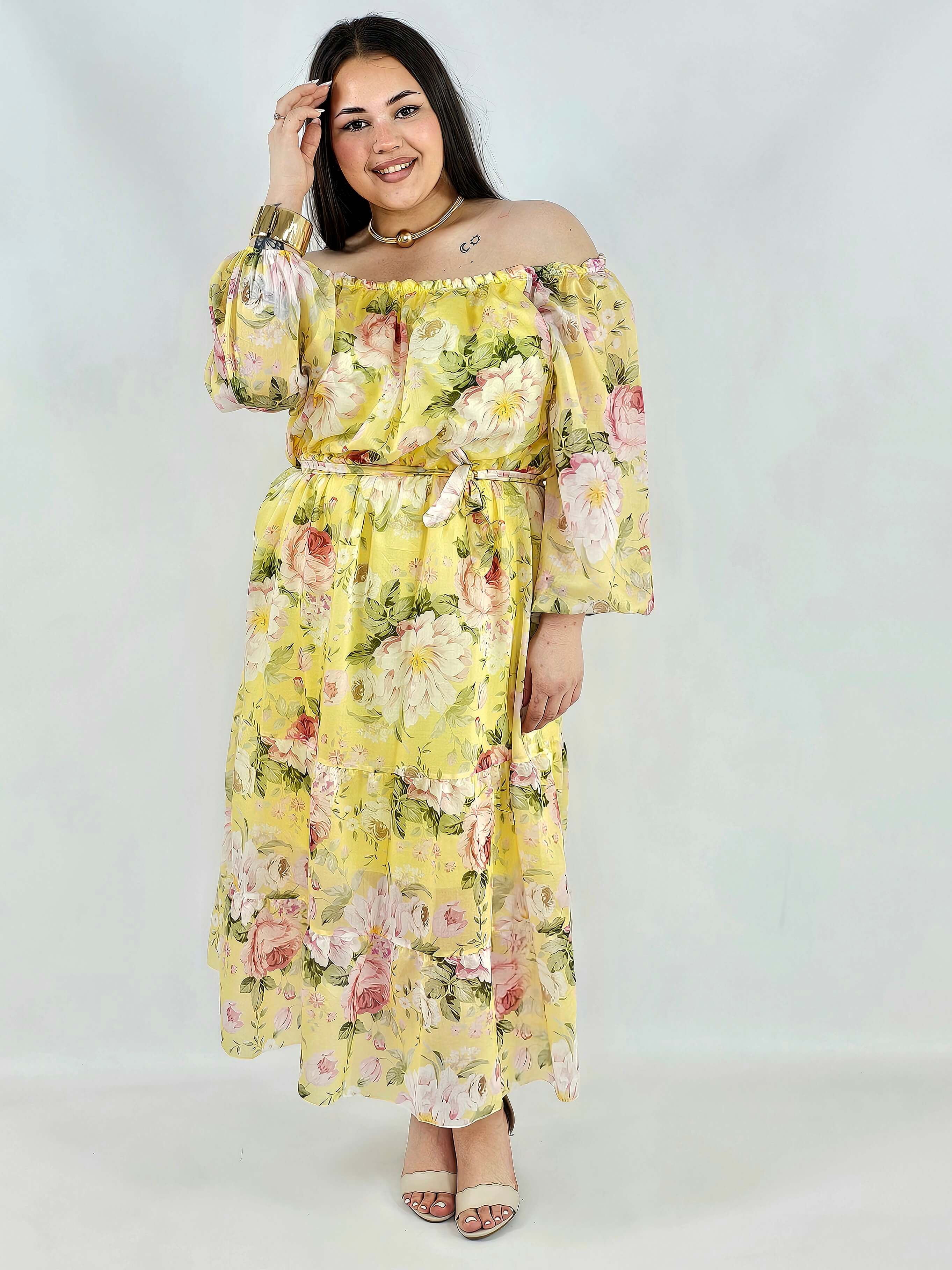 Sukienka plus size hiszpanka w kwiaty XXL – żółta i różowa na komunię i wesele Stylowa XL