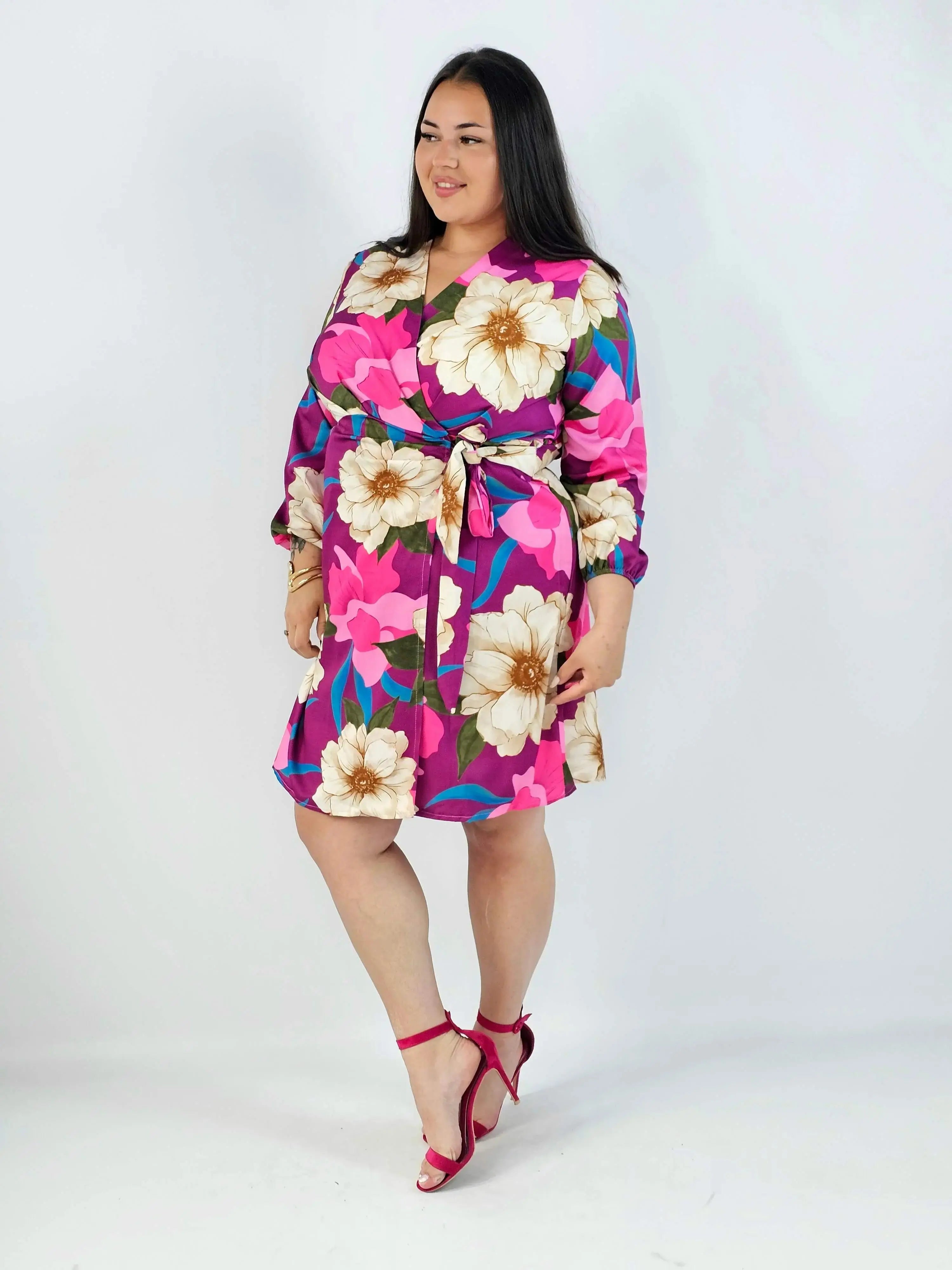 Sukienka plus size kopertowa z długim rękawem i wiązaniem w talii Stylowa XL
