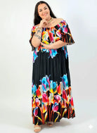 Sukienka plus size maxi hiszpanka w kwiaty – czarna z kolorowym printem Stylowa XL