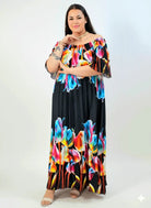 Sukienka plus size maxi hiszpanka w kwiaty – czarna z kolorowym printem Stylowa XL