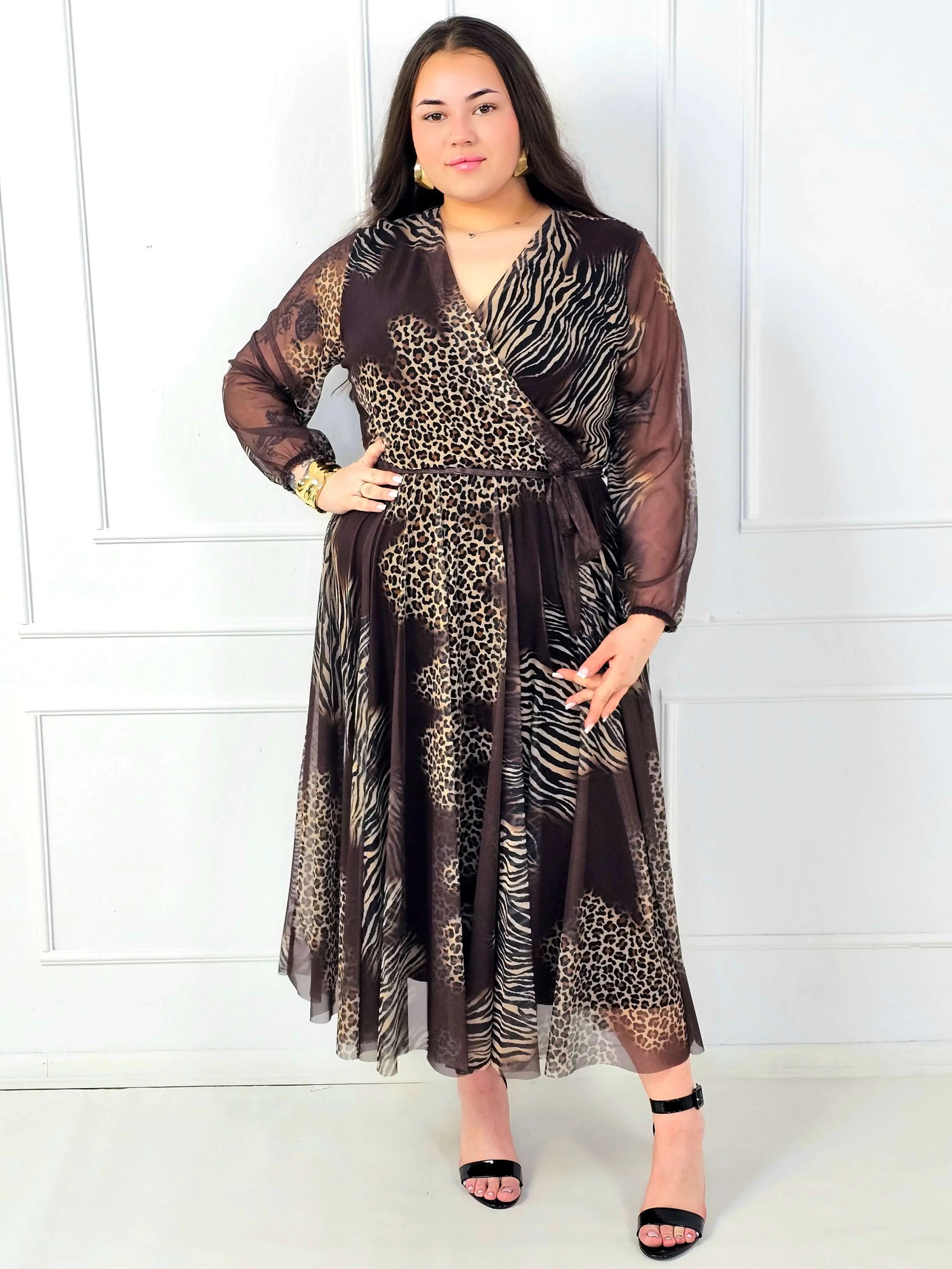 Sukienka plus size maxi kopertowa we wzór panterka i zebra Stylowa XL
