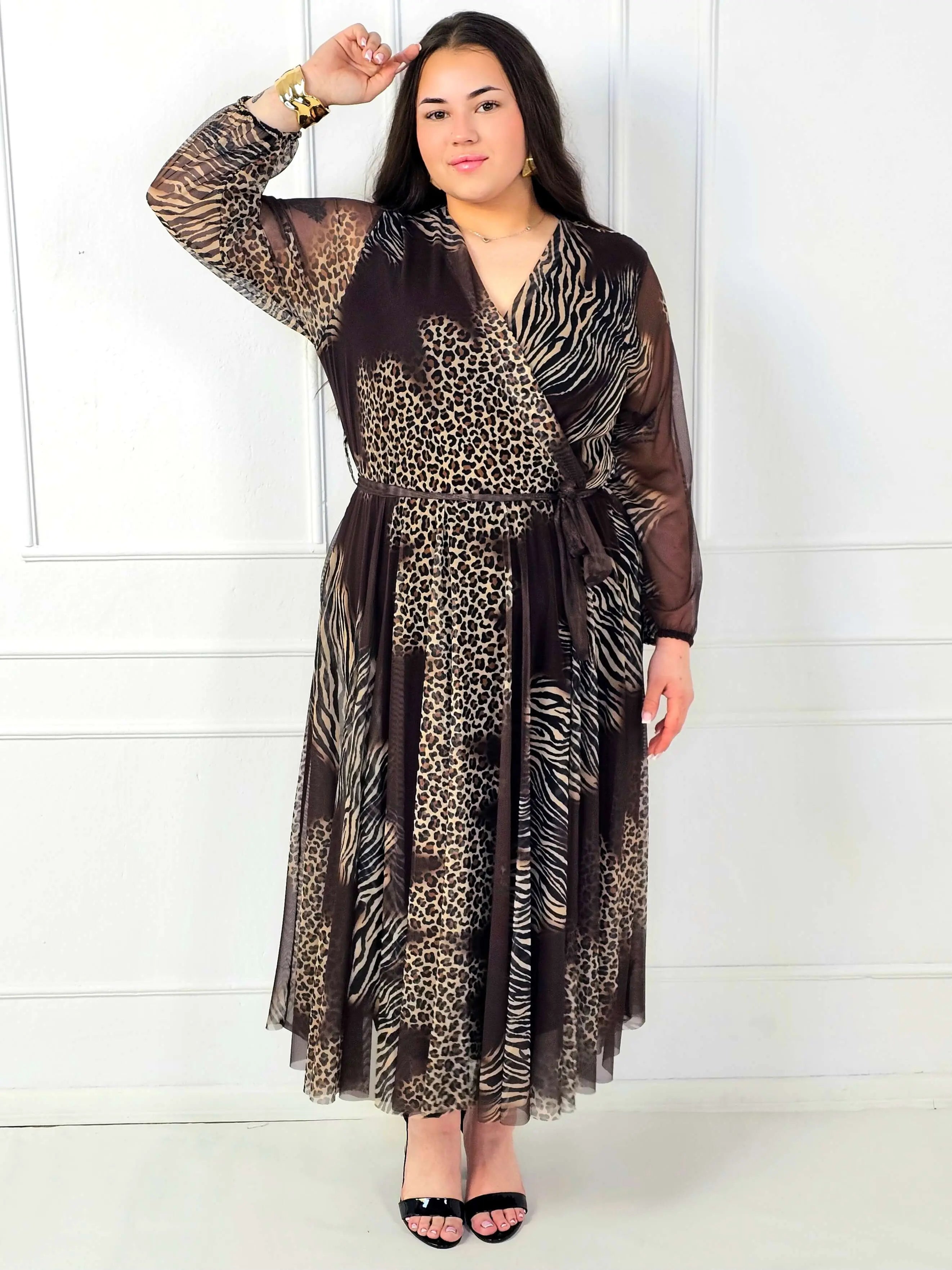 Sukienka plus size maxi kopertowa we wzór panterka i zebra Stylowa XL