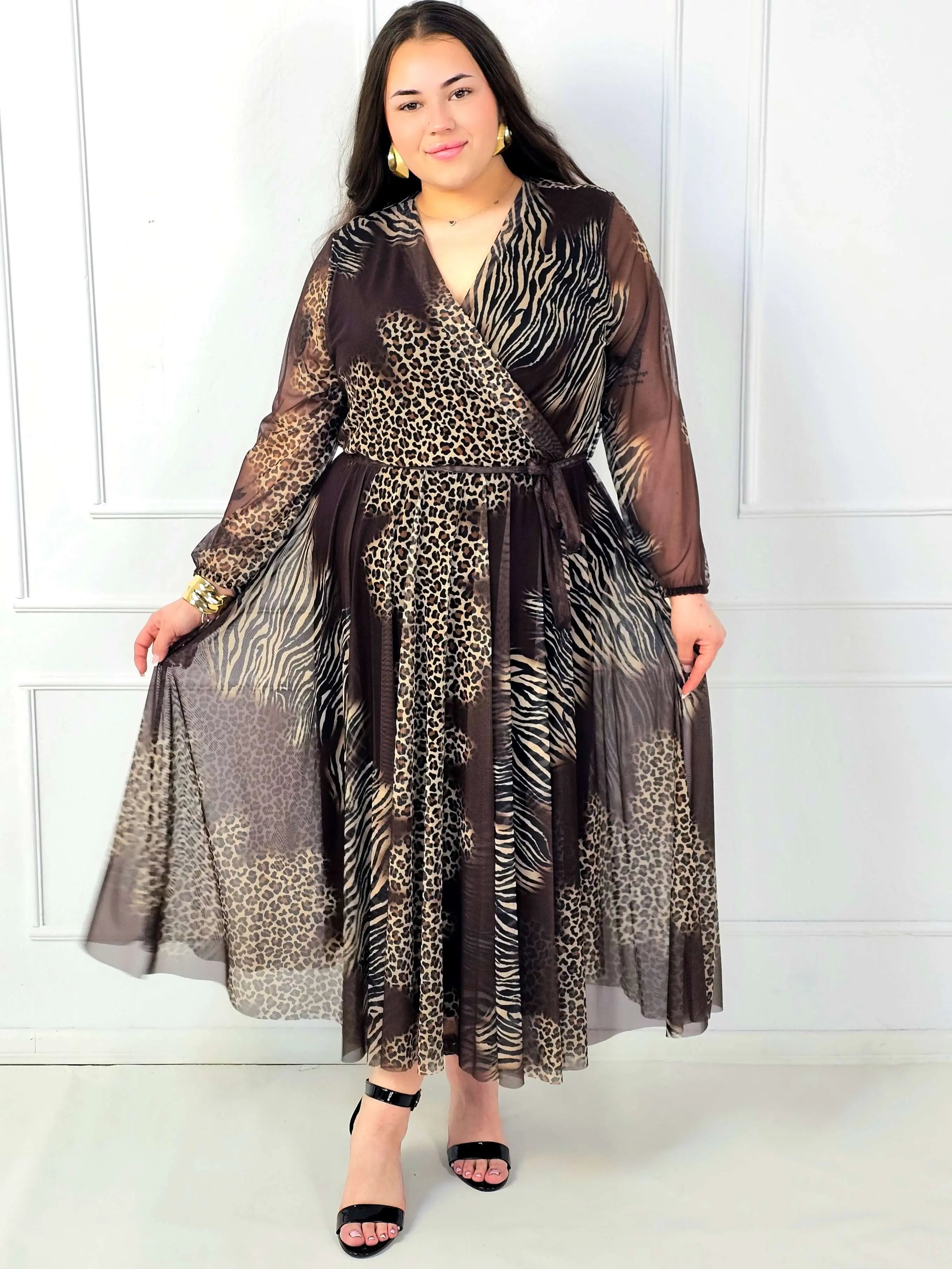 Sukienka plus size maxi kopertowa we wzór panterka i zebra Stylowa XL