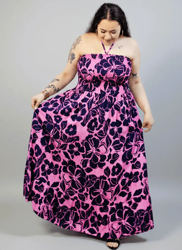 Sukienka plus size maxi różowa w kwiaty – letnia sukienka XXL z elastyczną górą Stylowa XL