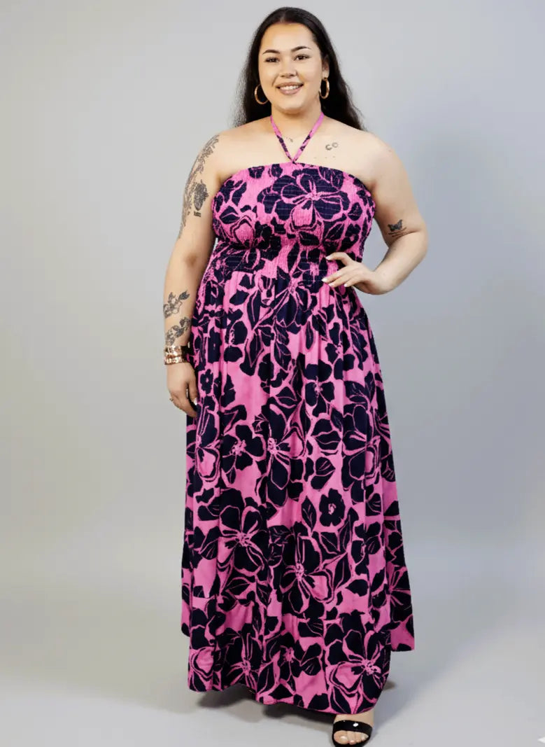 Sukienka plus size maxi różowa w kwiaty – letnia sukienka XXL z elastyczną górą Stylowa XL