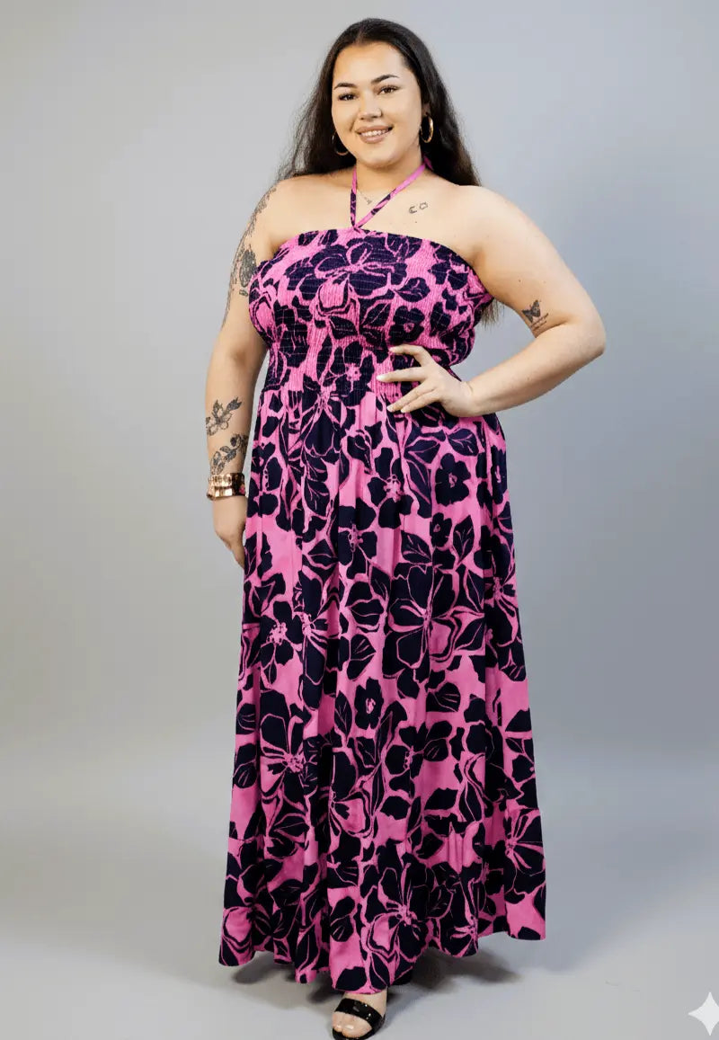 Sukienka plus size maxi różowa w kwiaty – letnia sukienka XXL z elastyczną górą Stylowa XL
