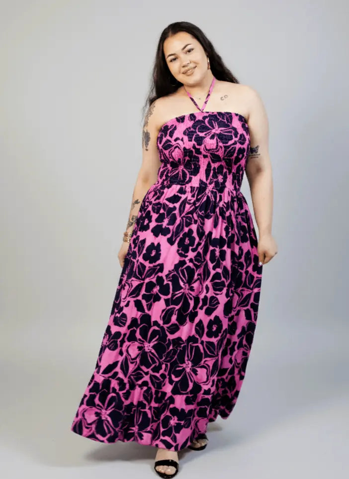 Sukienka plus size maxi różowa w kwiaty – letnia sukienka XXL z elastyczną górą Stylowa XL