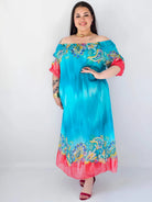 Sukienka plus size  maxi turkusowa z etnicznym wzorem i koralowymi akcentami Stylowa XL