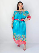 Sukienka plus size  maxi turkusowa z etnicznym wzorem i koralowymi akcentami Stylowa XL