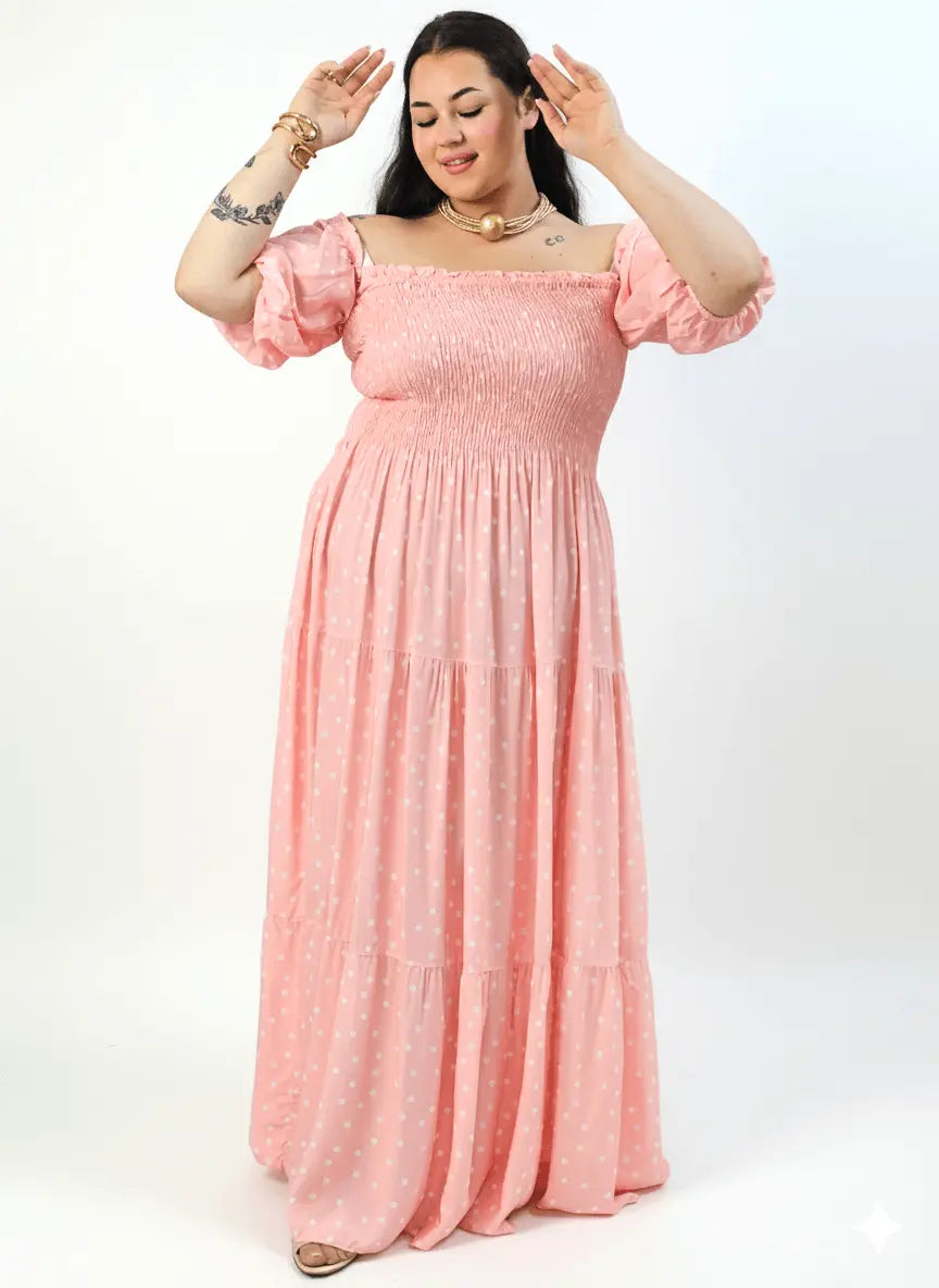 Sukienka plus size maxi w grochy – hiszpanka z marszczeniem XXL Stylowa XL