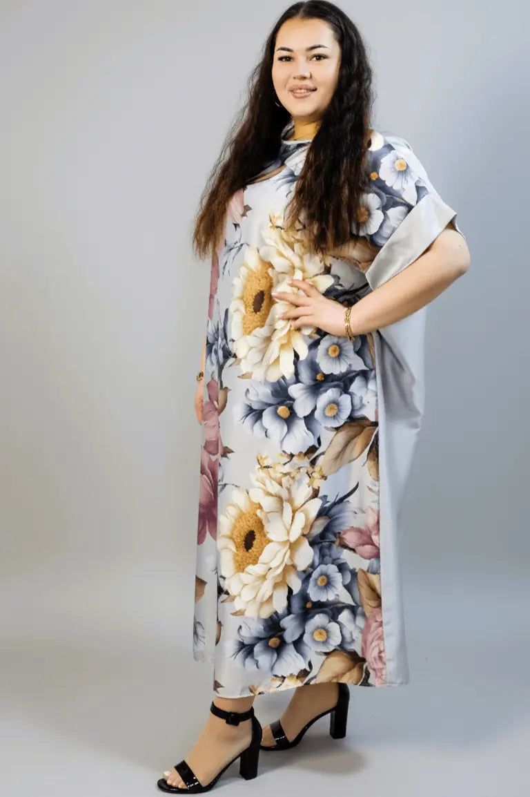 Sukienka plus size maxi w kwiaty – elegancka sukienka XXL z krótkim rękawem Stylowa XL