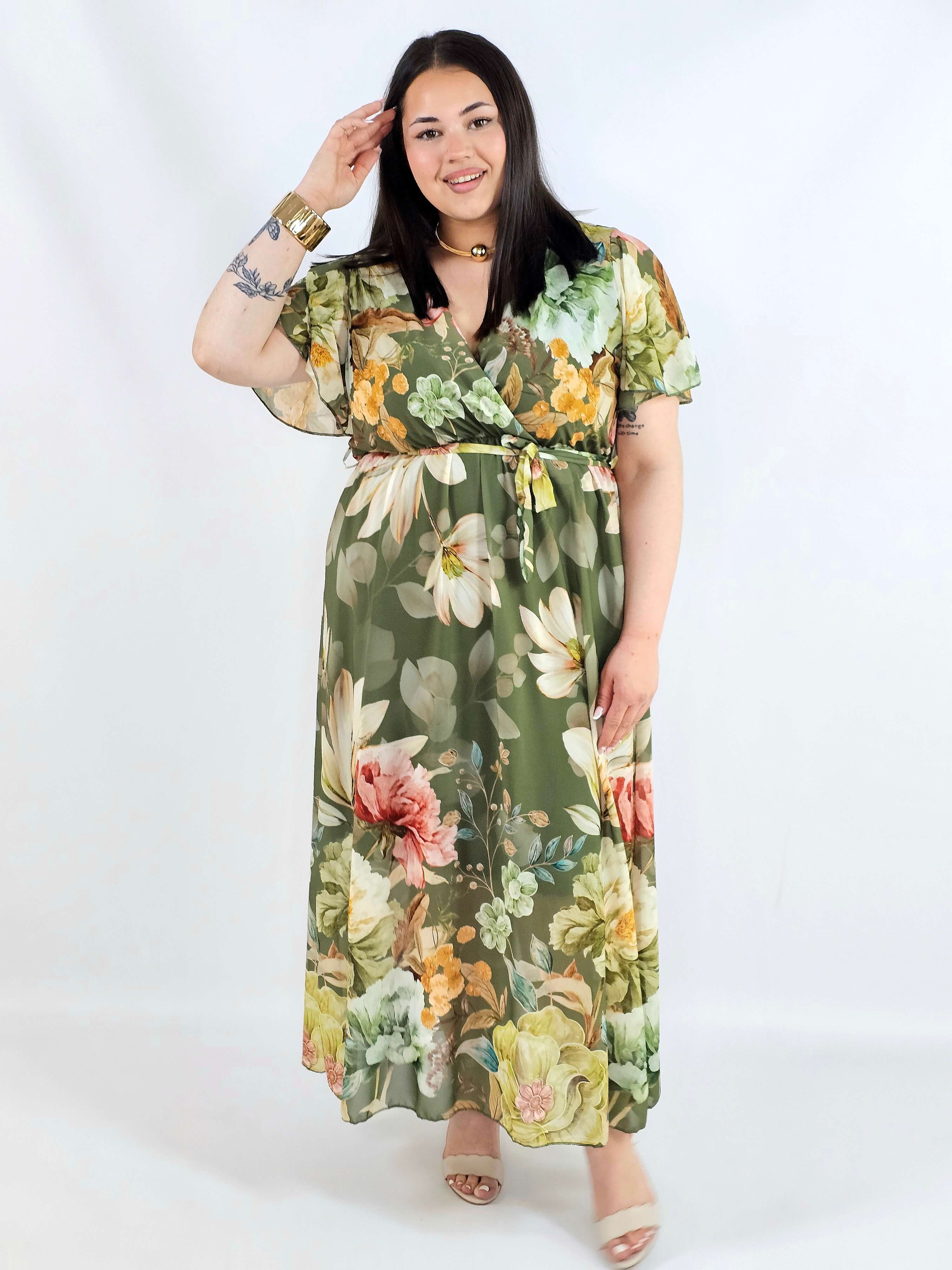 Sukienka plus size maxi zielona w kwiaty XXL – elegancja na komunię i wesele Stylowa XL