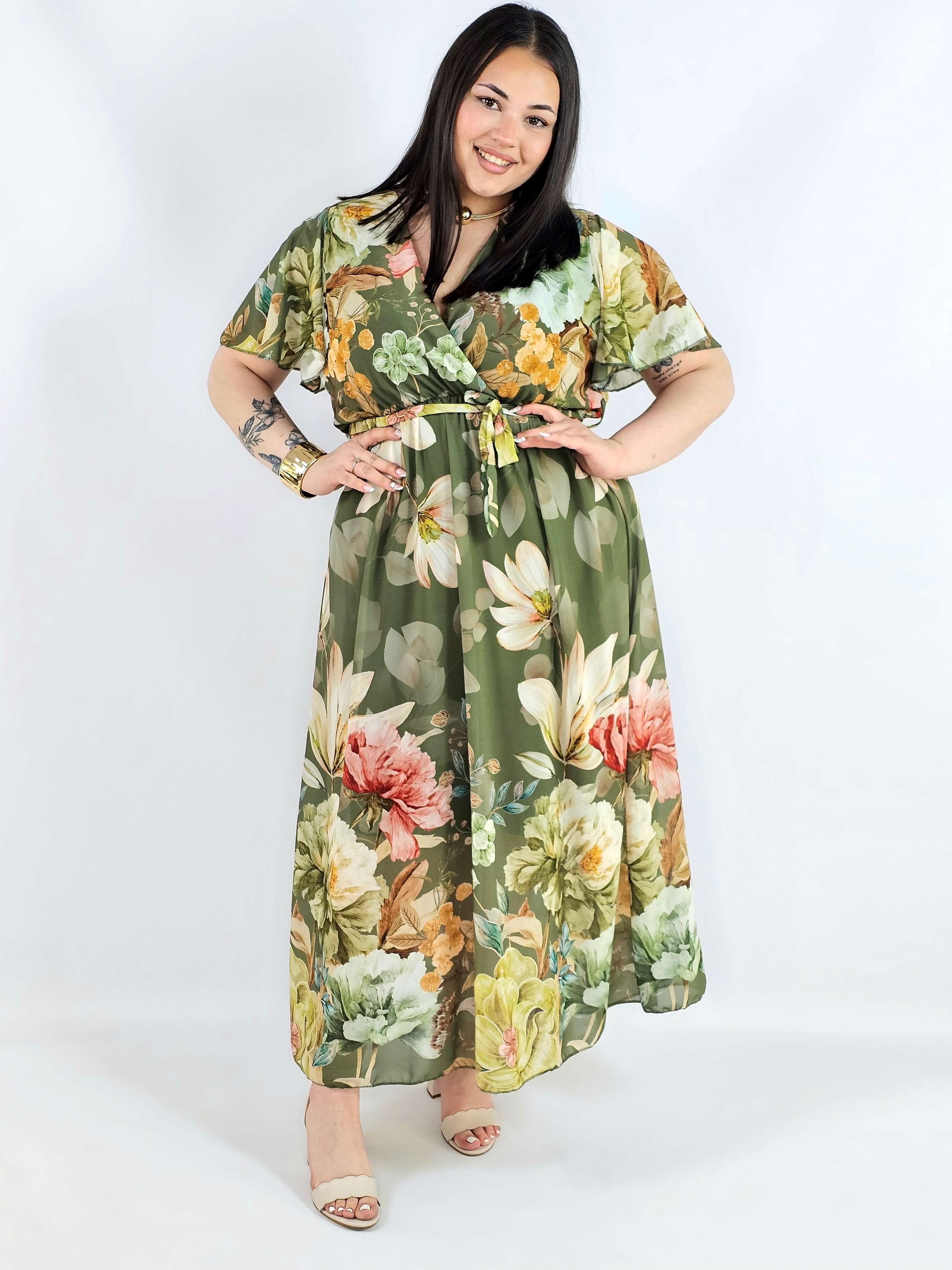 Sukienka plus size maxi zielona w kwiaty XXL – elegancja na komunię i wesele Stylowa XL