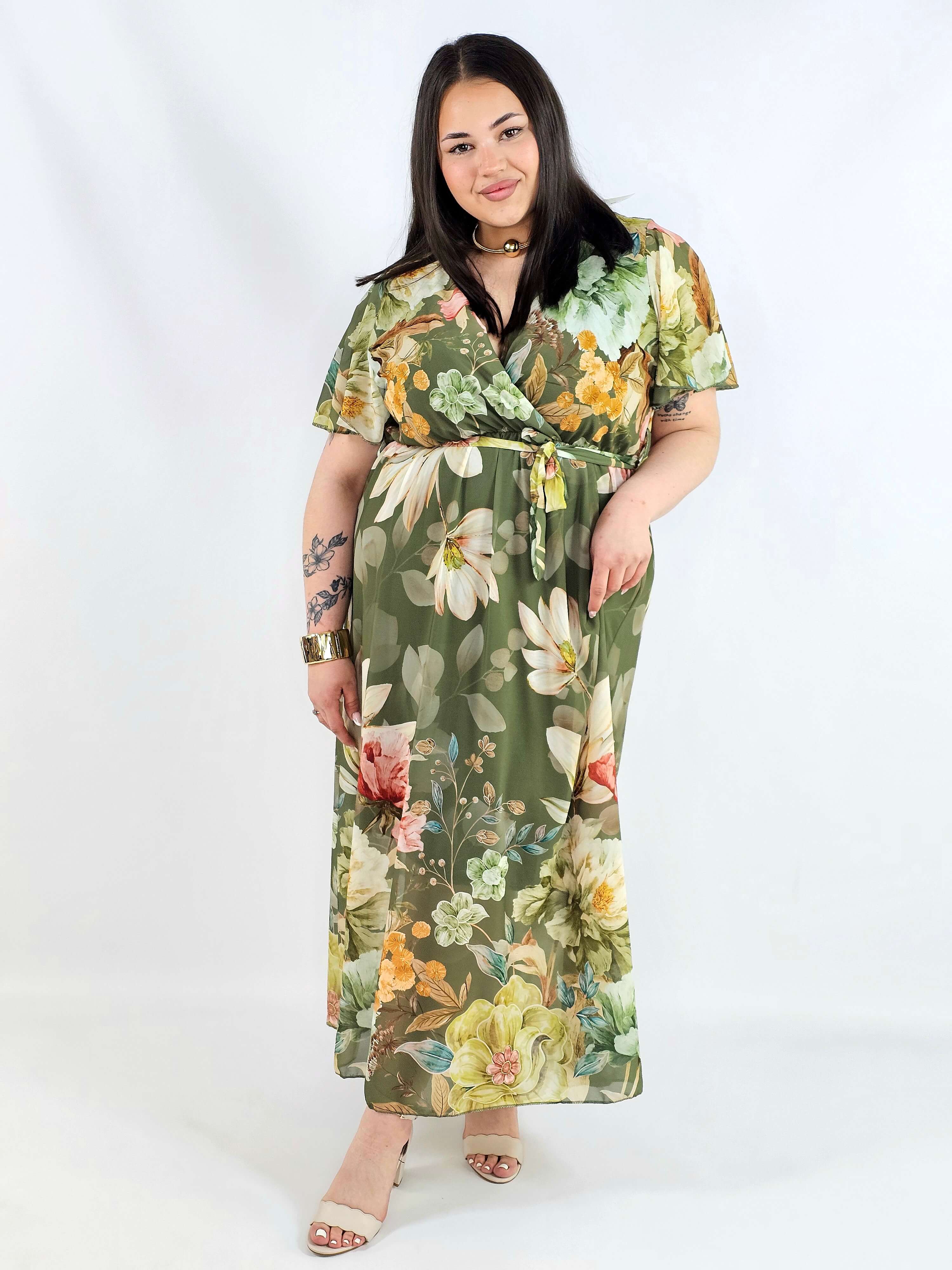 Sukienka plus size maxi zielona w kwiaty XXL – elegancja na komunię i wesele Stylowa XL
