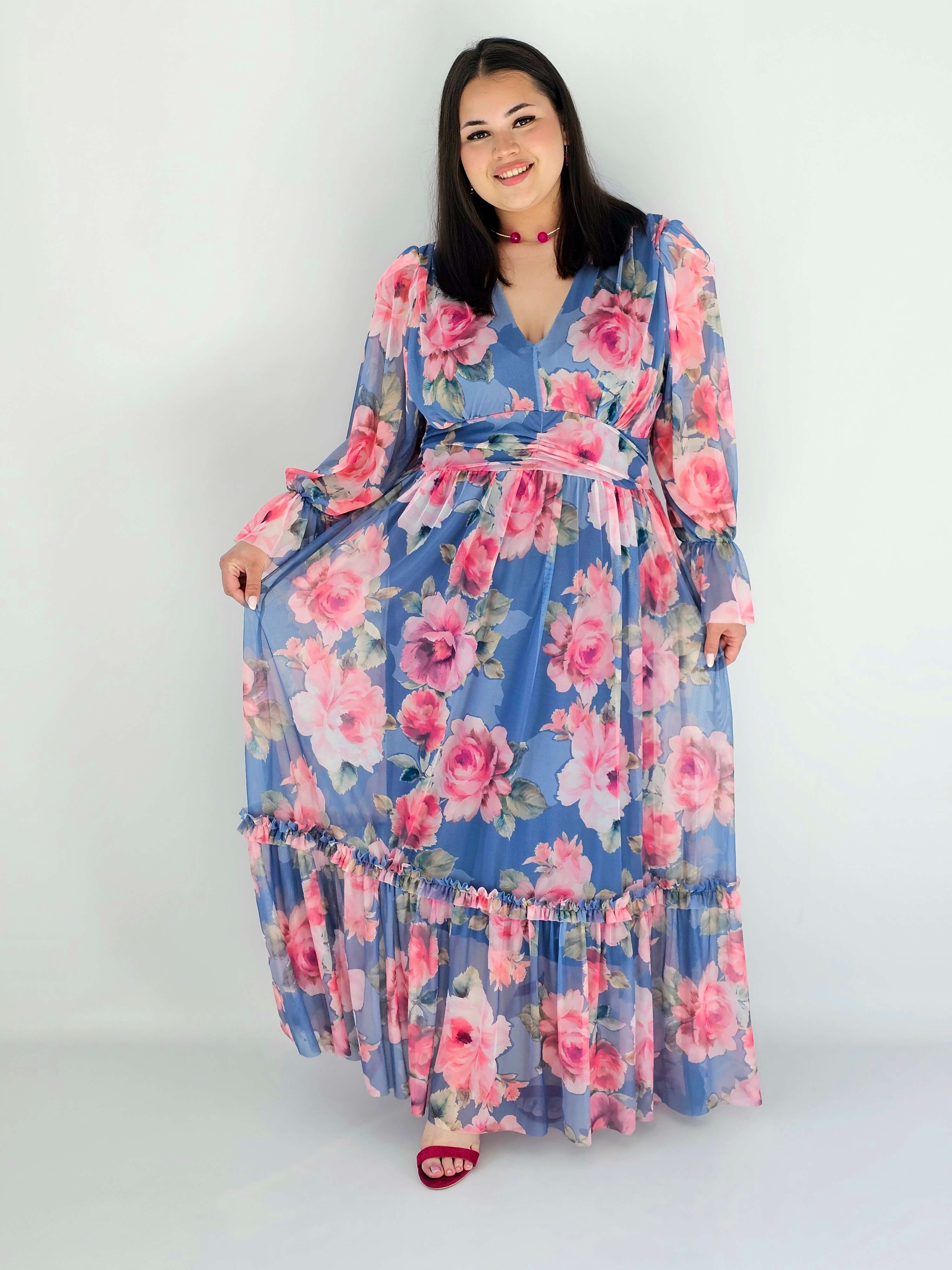 Sukienka plus size midi w kwiatowy print – elegancka i zwiewna propozycja dla kobiet XXL Stylowa XL