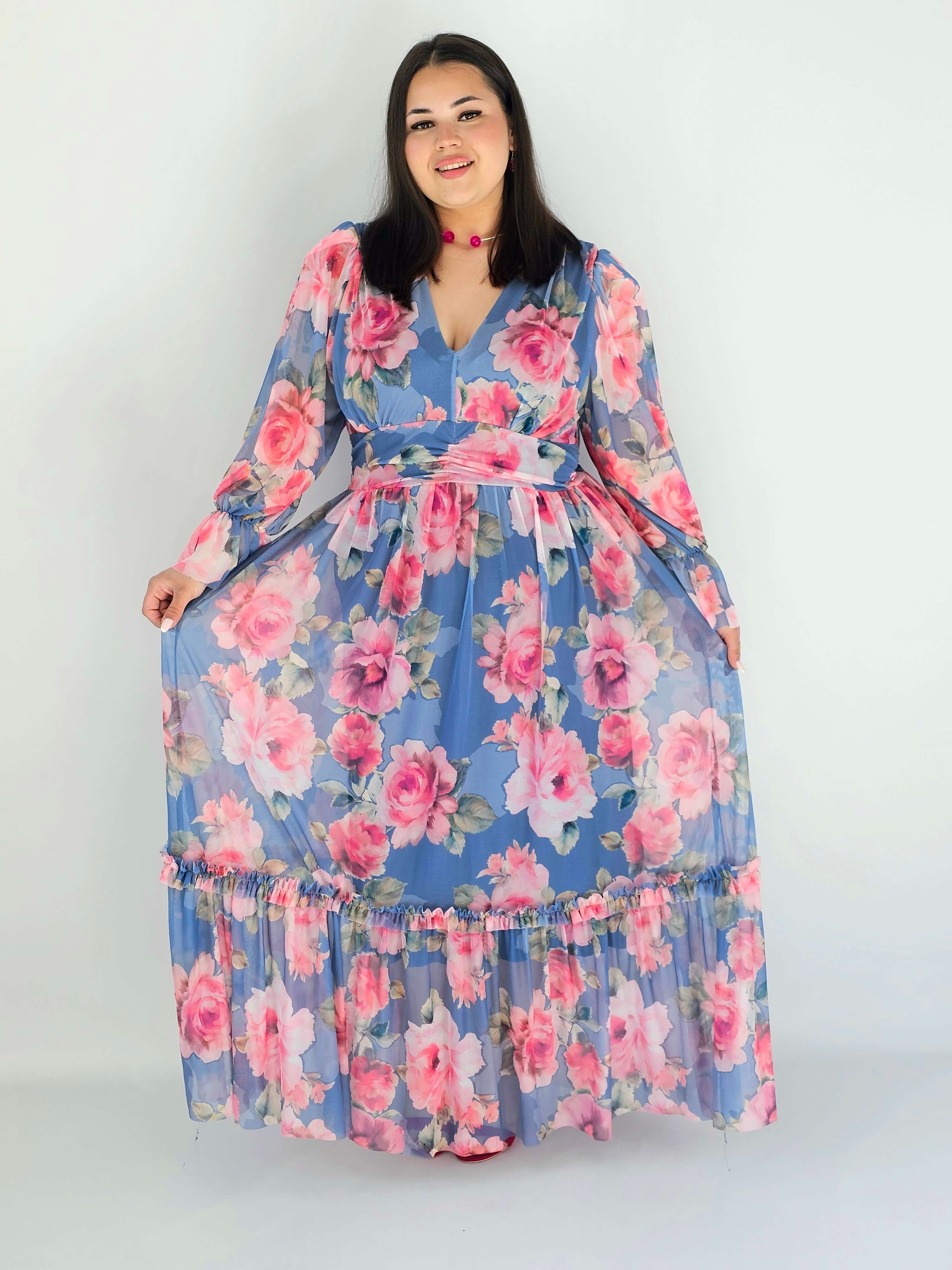 Sukienka plus size midi w kwiatowy print – elegancka i zwiewna propozycja dla kobiet XXL Stylowa XL