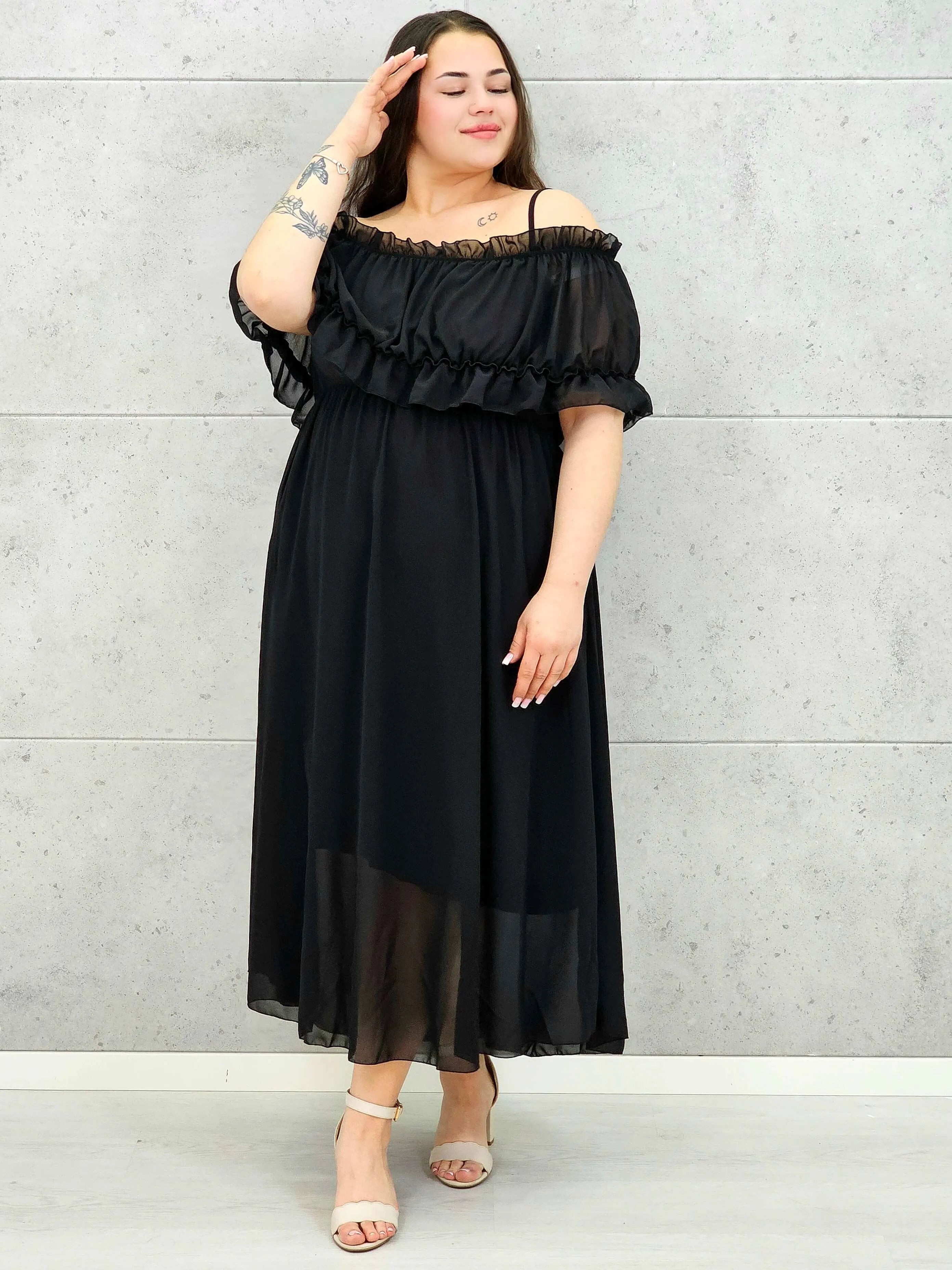 Sukienka plus size midi z falbaną i ramiączkami Stylowa XL