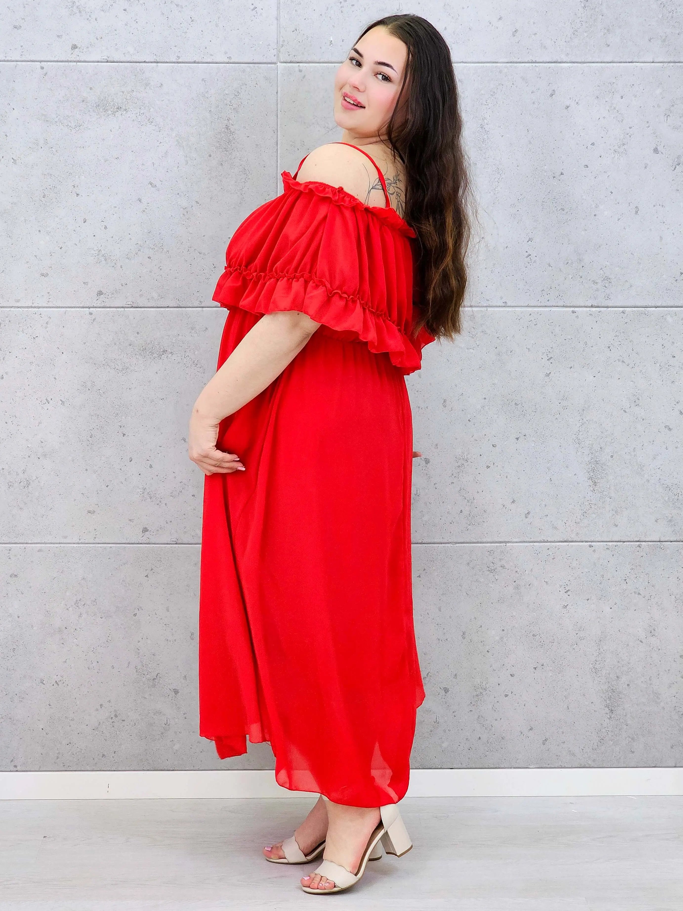 Sukienka plus size midi z falbaną i ramiączkami Stylowa XL