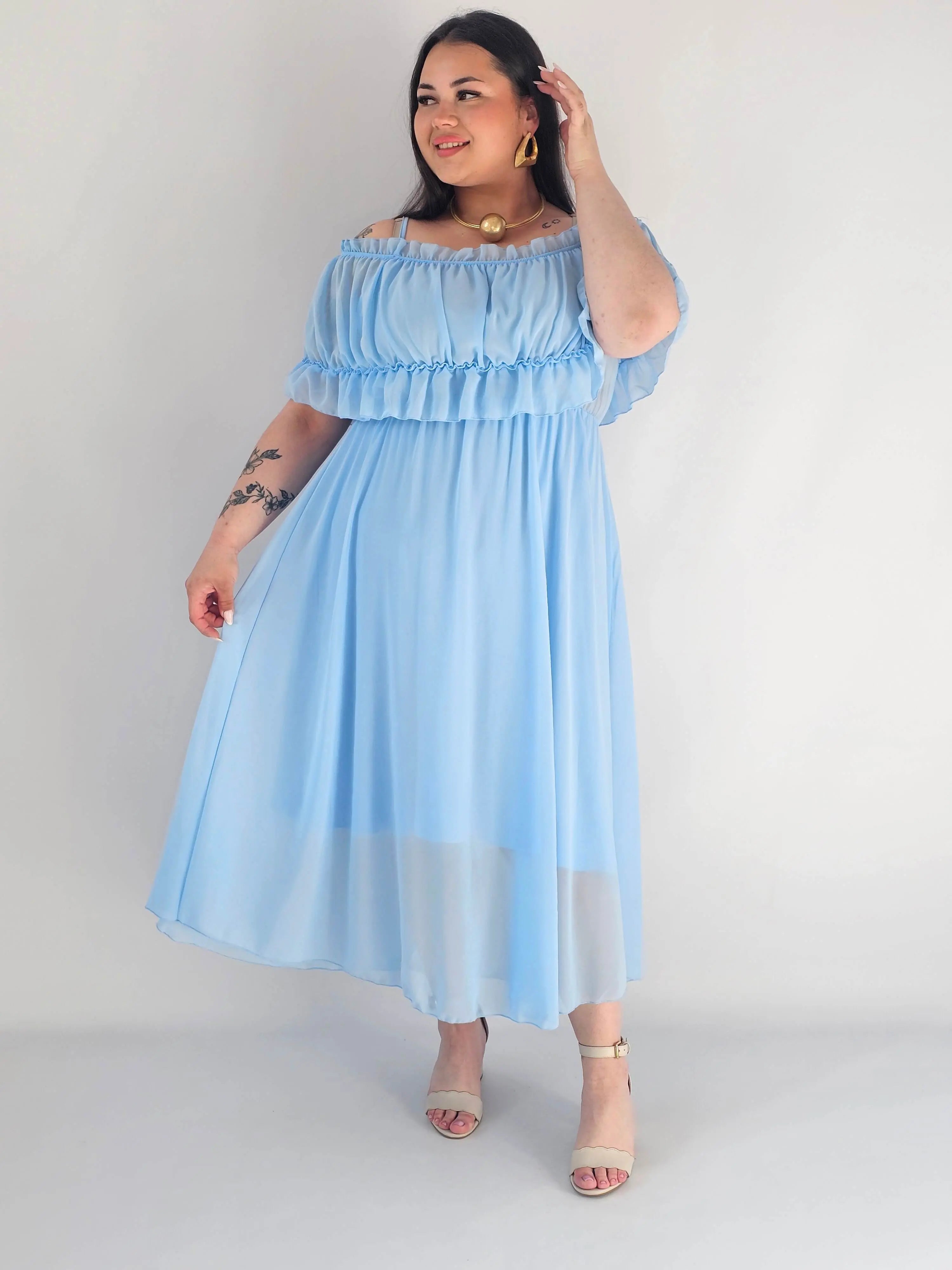 Sukienka plus size midi z falbaną i ramiączkami Stylowa XL