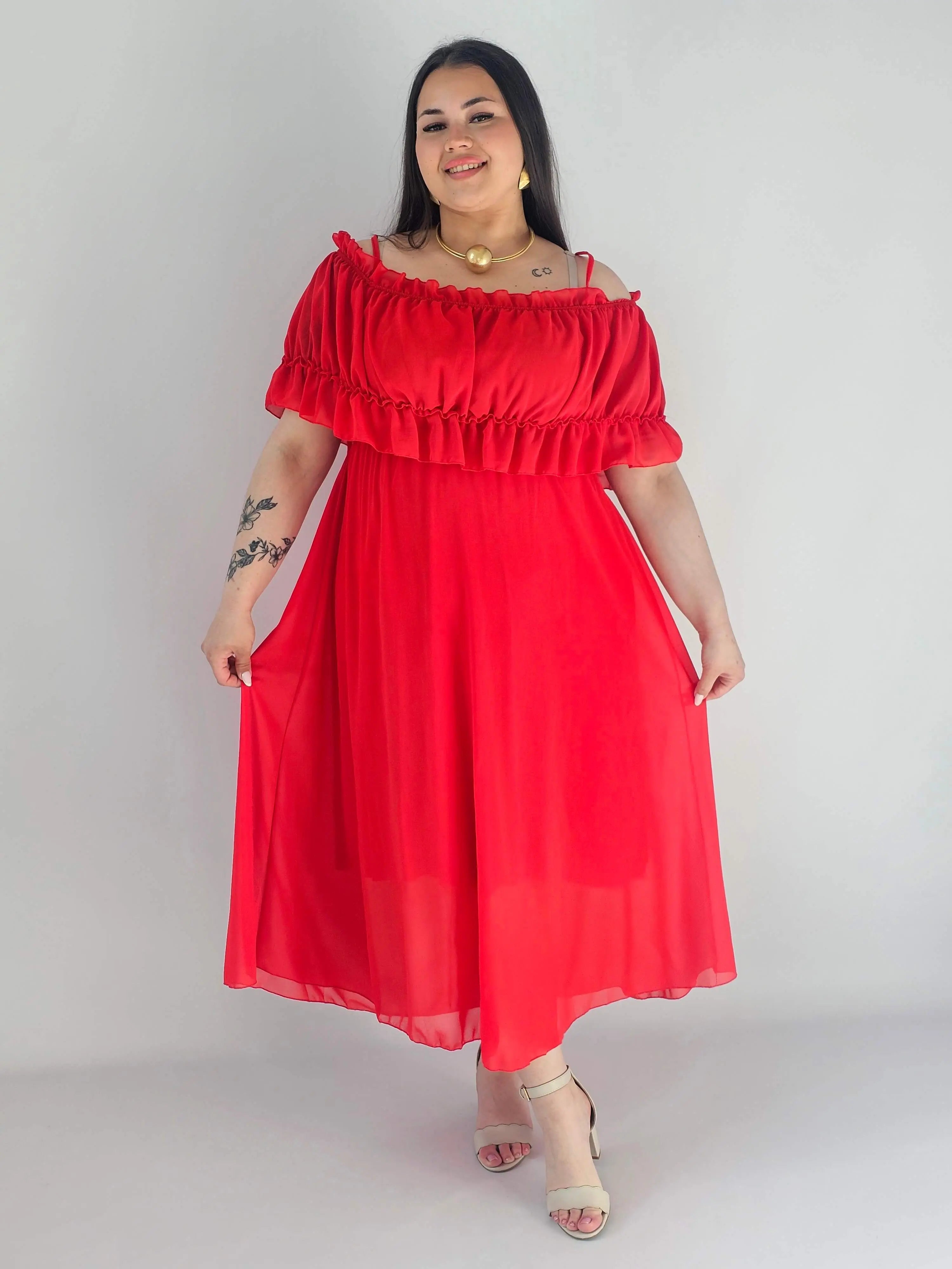 Sukienka plus size midi z falbaną i ramiączkami Stylowa XL