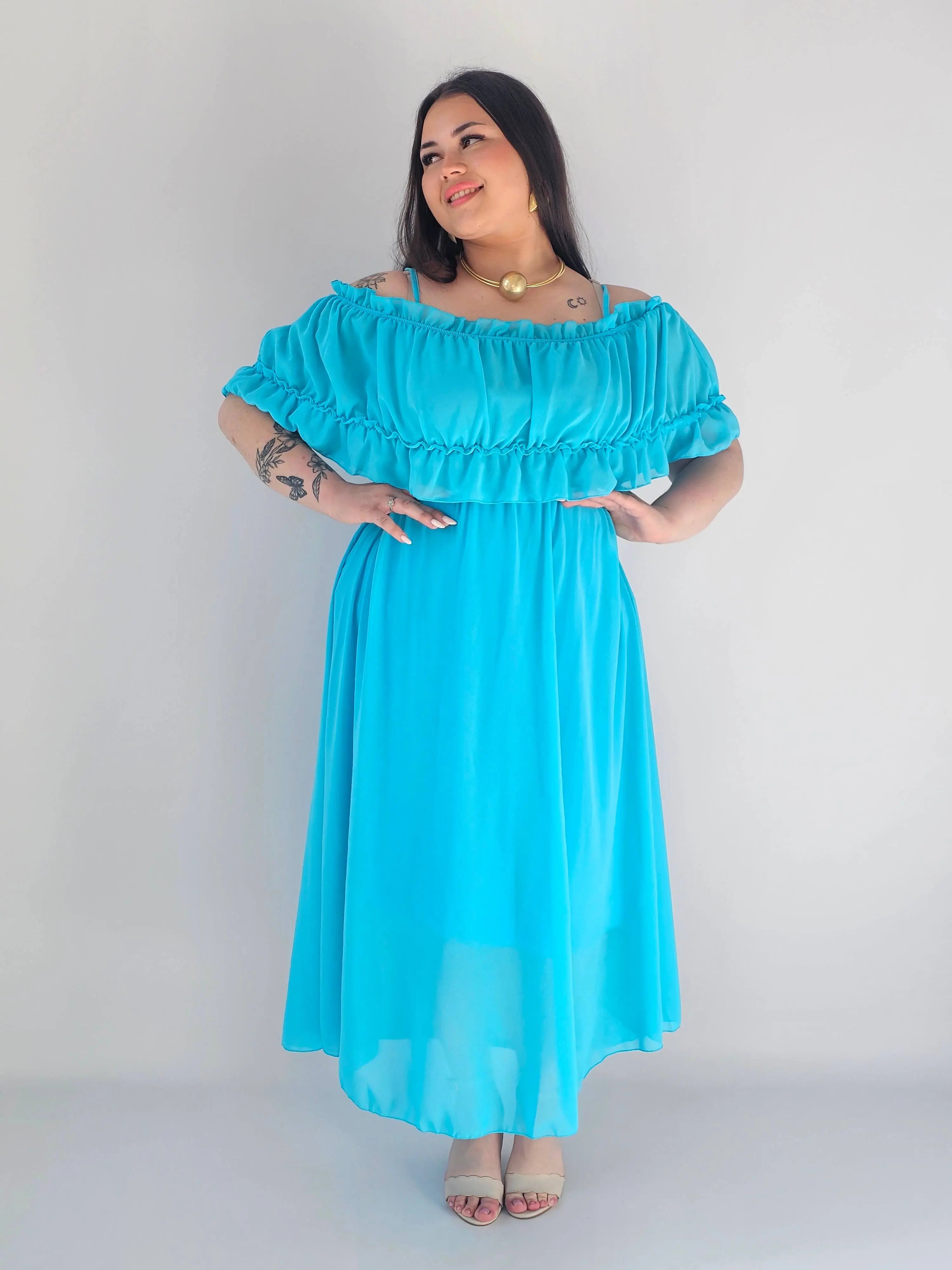 Sukienka plus size midi z falbaną i ramiączkami Stylowa XL