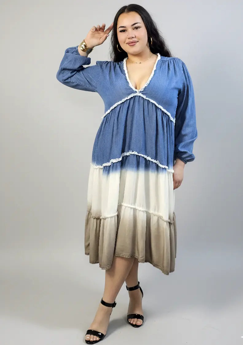 Sukienka plus size midi z falbanami i dekoltem w serek – kobieca moda plus size Stylowa XL