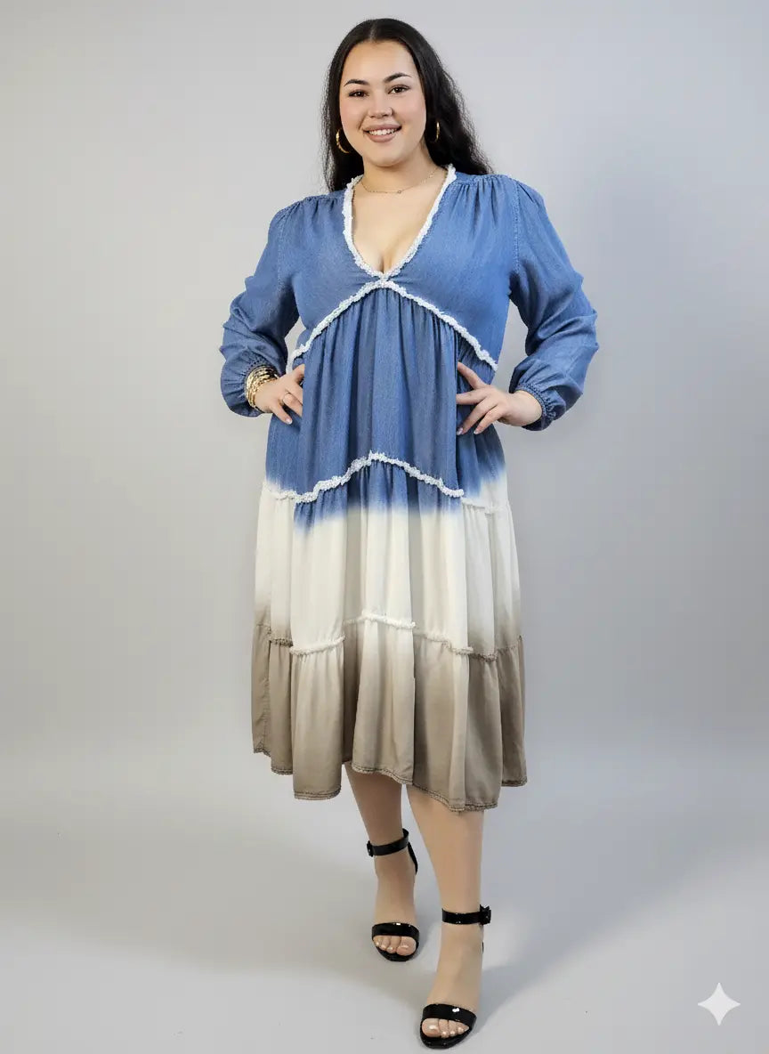 Sukienka plus size midi z falbanami i dekoltem w serek – kobieca moda plus size Stylowa XL
